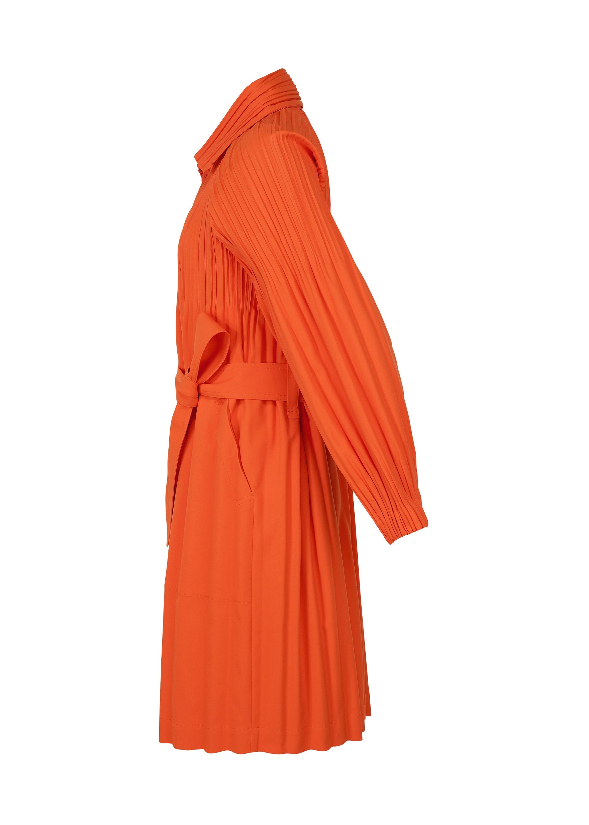 Zoomed view Side view of a bright orange, long-sleeve SMOOTH COAT by PLEATS PLEASE ISSEY MIYAKE, featuring a collar, belted waist, and knee-length hem. The coat is displayed on a plain white background.