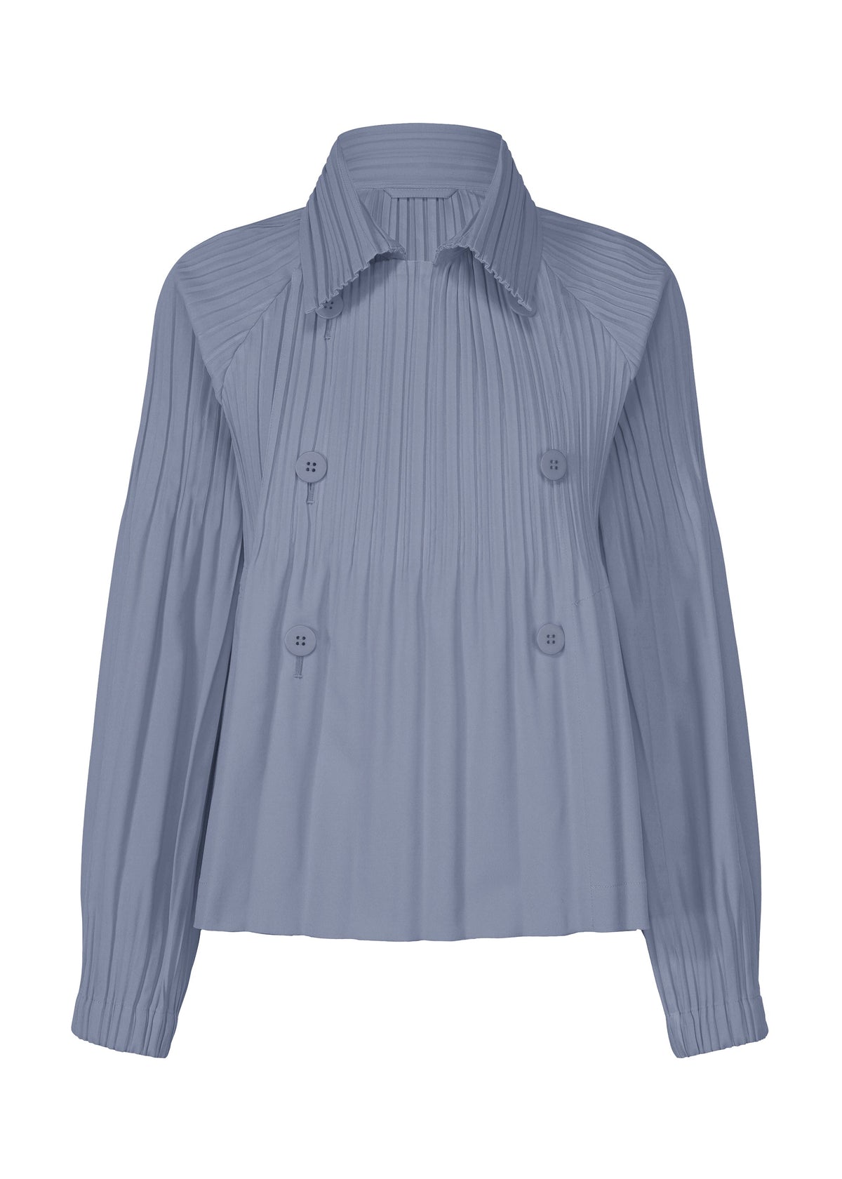 The SMOOTH COAT by PLEATS PLEASE ISSEY MIYAKE is a light blue long-sleeve coat with Keshi pleats, a collared neckline, four front buttons in pairs, and slightly flared cuffs. view 3 of 10