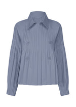 The SMOOTH COAT by PLEATS PLEASE ISSEY MIYAKE is a light blue long-sleeve coat with Keshi pleats, a collared neckline, four front buttons in pairs, and slightly flared cuffs. - BLUE GRAY (no.13)