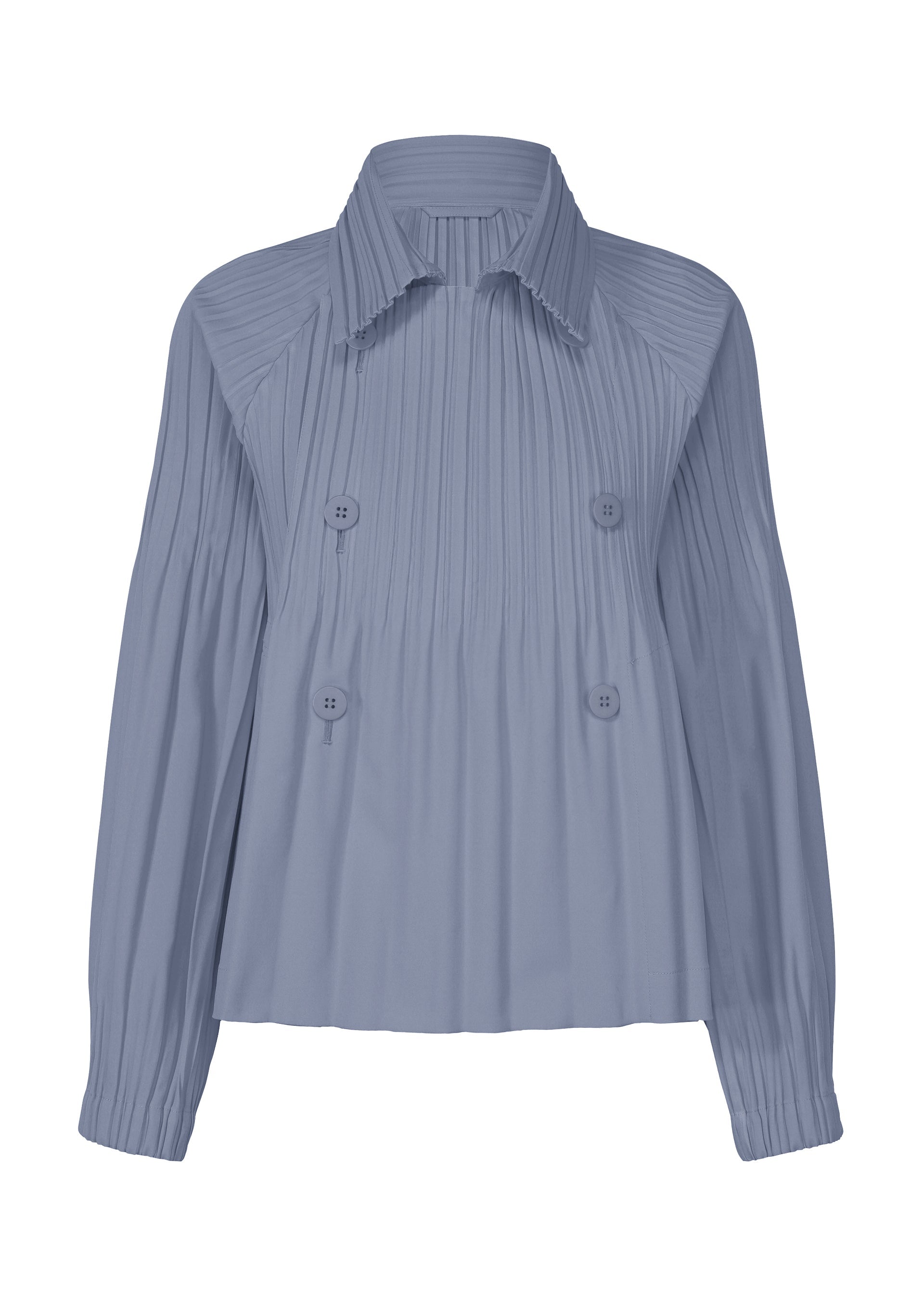 Zoomed view The SMOOTH COAT by PLEATS PLEASE ISSEY MIYAKE is a light blue long-sleeve coat with Keshi pleats, a collared neckline, four front buttons in pairs, and slightly flared cuffs. - BLUE GRAY (no.13)