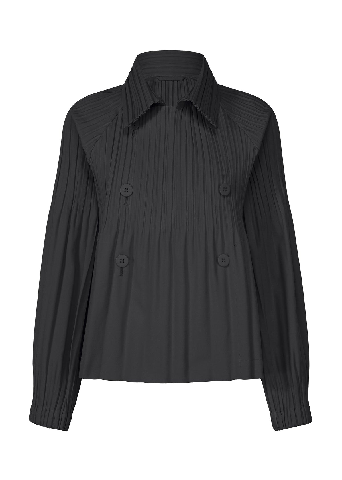 The SMOOTH COAT by PLEATS PLEASE ISSEY MIYAKE is a black long-sleeve coat featuring Keshi pleats, a wide collar, double-breasted buttons, and a slightly loose fit. view 2 of 10