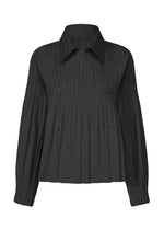 The SMOOTH COAT by PLEATS PLEASE ISSEY MIYAKE is a black long-sleeve coat featuring Keshi pleats, a wide collar, double-breasted buttons, and a slightly loose fit. - BLACK (no.15)