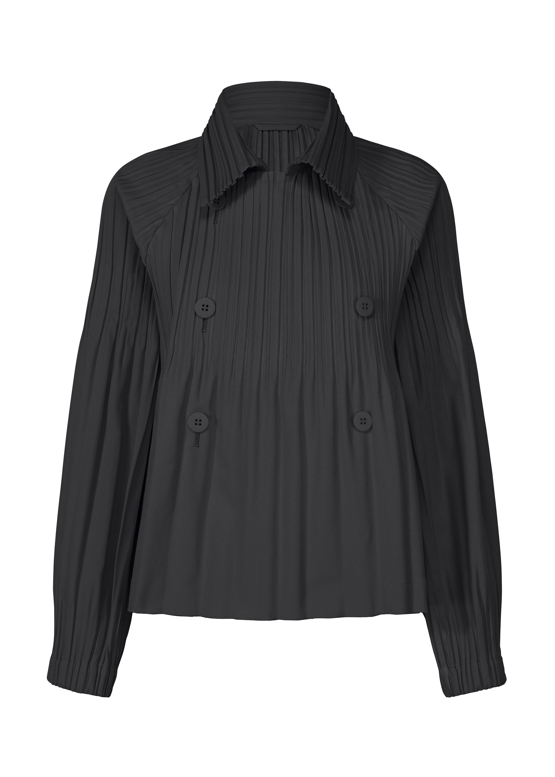 Zoomed view The SMOOTH COAT by PLEATS PLEASE ISSEY MIYAKE is a black long-sleeve coat featuring Keshi pleats, a wide collar, double-breasted buttons, and a slightly loose fit. - BLACK (no.15)