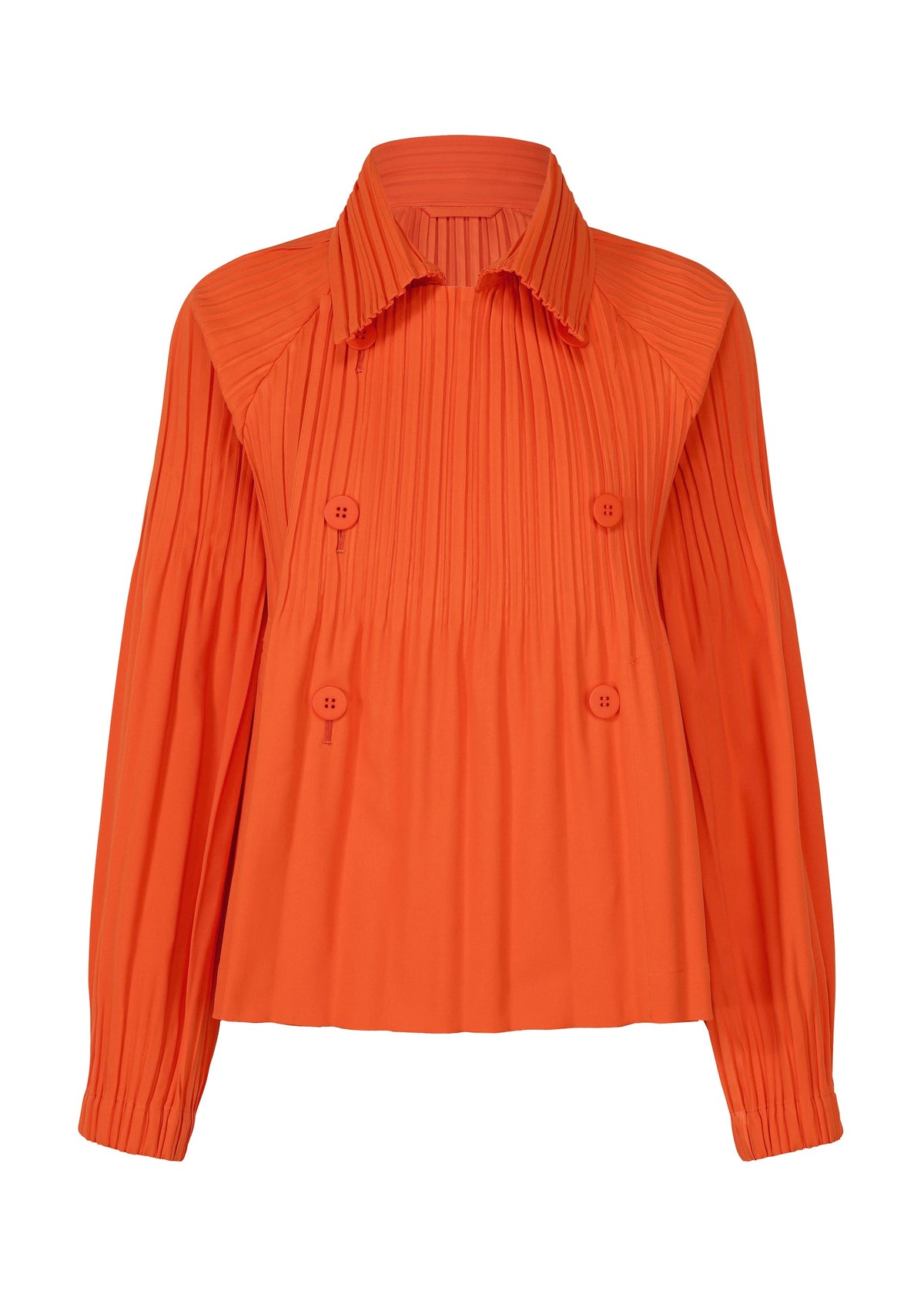The SMOOTH COAT by PLEATS PLEASE ISSEY MIYAKE is a bright orange, long-sleeved blouse featuring Keshi pleats, four large front buttons, a collar, and loose-fitting sleeves. view 1 of 10