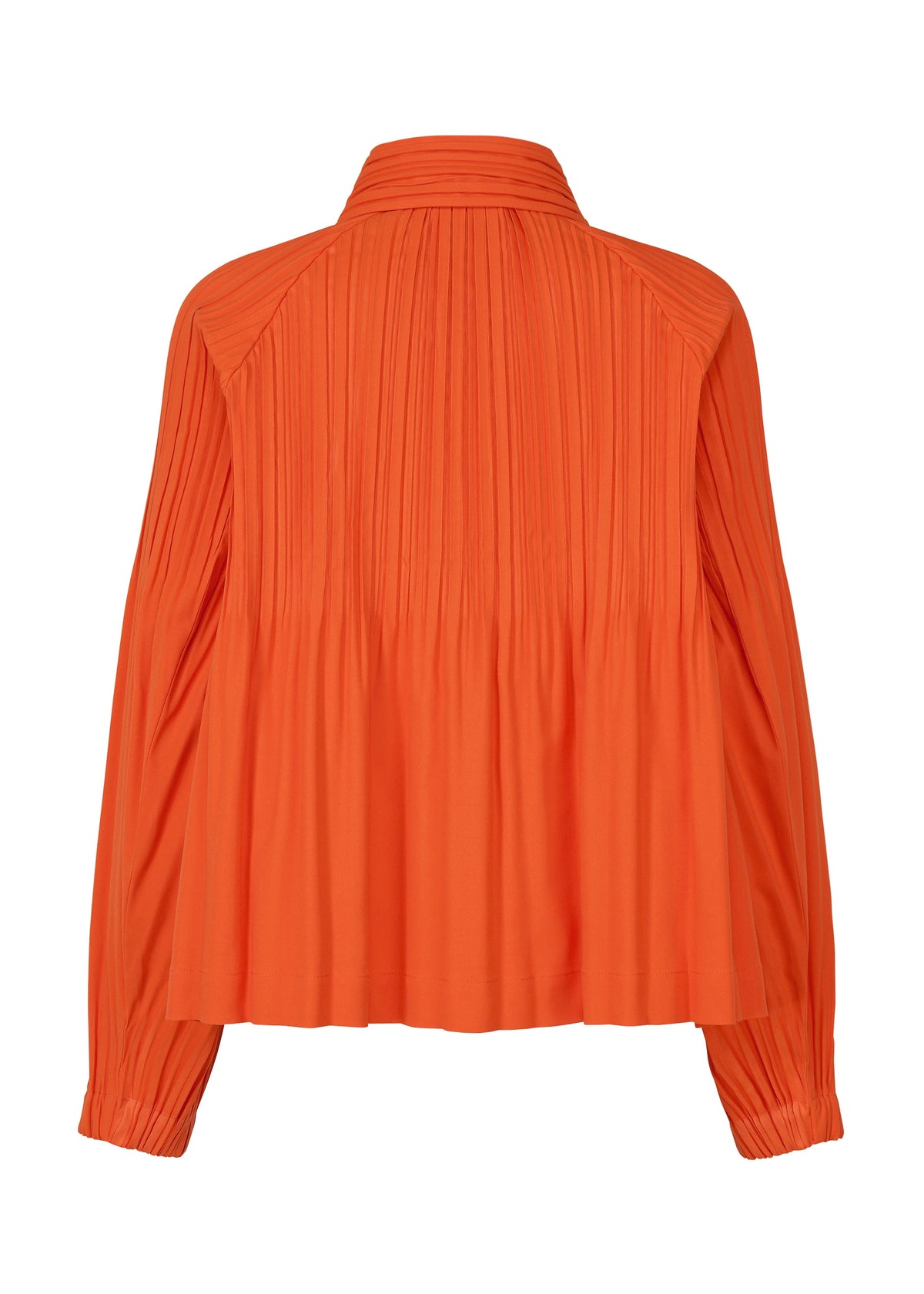 Back view of the SMOOTH COAT by PLEATS PLEASE ISSEY MIYAKE: a loose-fitting, long-sleeved orange blouse with Keshi pleats on the upper back and sleeves, finished with a collar and elegant gathered cuffs. view 4 of 10