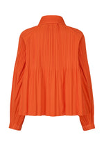 Back view of the SMOOTH COAT by PLEATS PLEASE ISSEY MIYAKE: a loose-fitting, long-sleeved orange blouse with Keshi pleats on the upper back and sleeves, finished with a collar and elegant gathered cuffs.