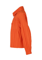 Side view of the PLEATS PLEASE ISSEY MIYAKE SMOOTH COAT in bright orange, featuring a loose fit with Keshi pleats on the collar, shoulders, and sleeves.