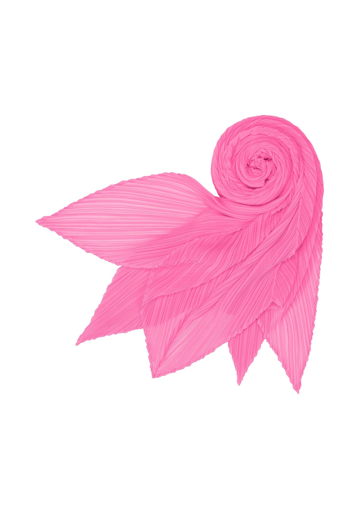 The MONTHLY SCARF JANUARY by PLEATS PLEASE ISSEY MIYAKE is a vivid pink pleated scarf, styled in a spiral with pointed ends like a blooming flower, arranged on a white background. view 4 of 6