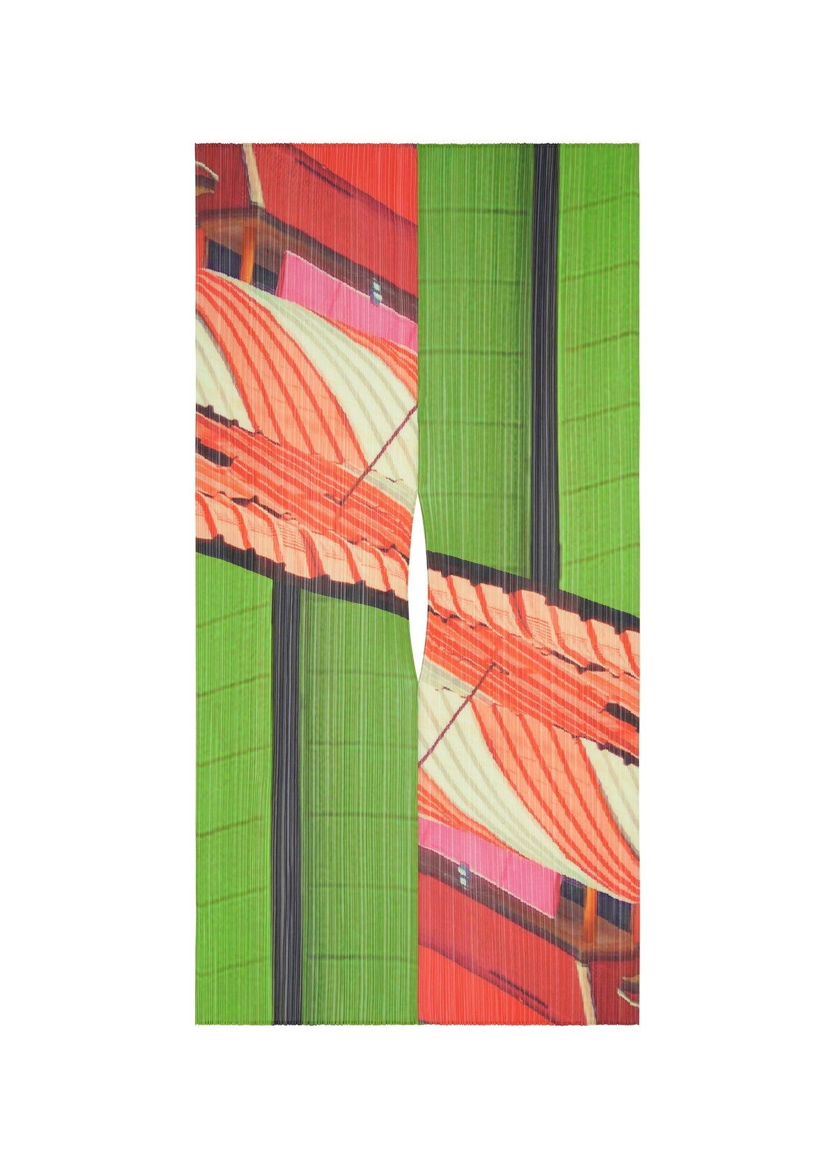CITY COLLAGE MADAME-T scarf by PLEATS PLEASE ISSEY MIYAKE features abstract art: a symmetrical vertical collage with green and red-orange curved patterns mirrored on both sides, divided by a central white shape with thin dark lines. view 2 of 5