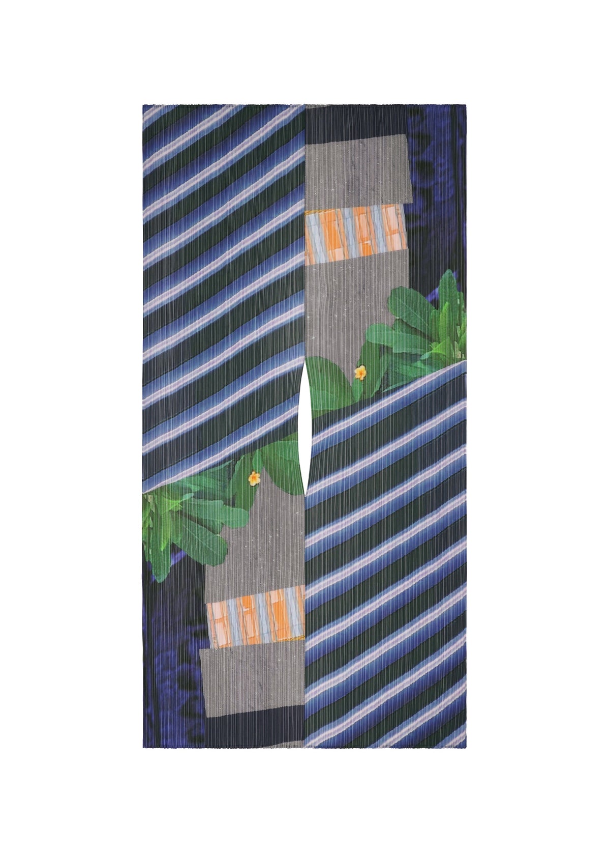 The CITY COLLAGE MADAME-T by PLEATS PLEASE ISSEY MIYAKE features abstract art with blue and white diagonal stripes, gray lines, green leaf shapes, and orange accents split by a central curved gap for a mirrored collage effect. view 3 of 5