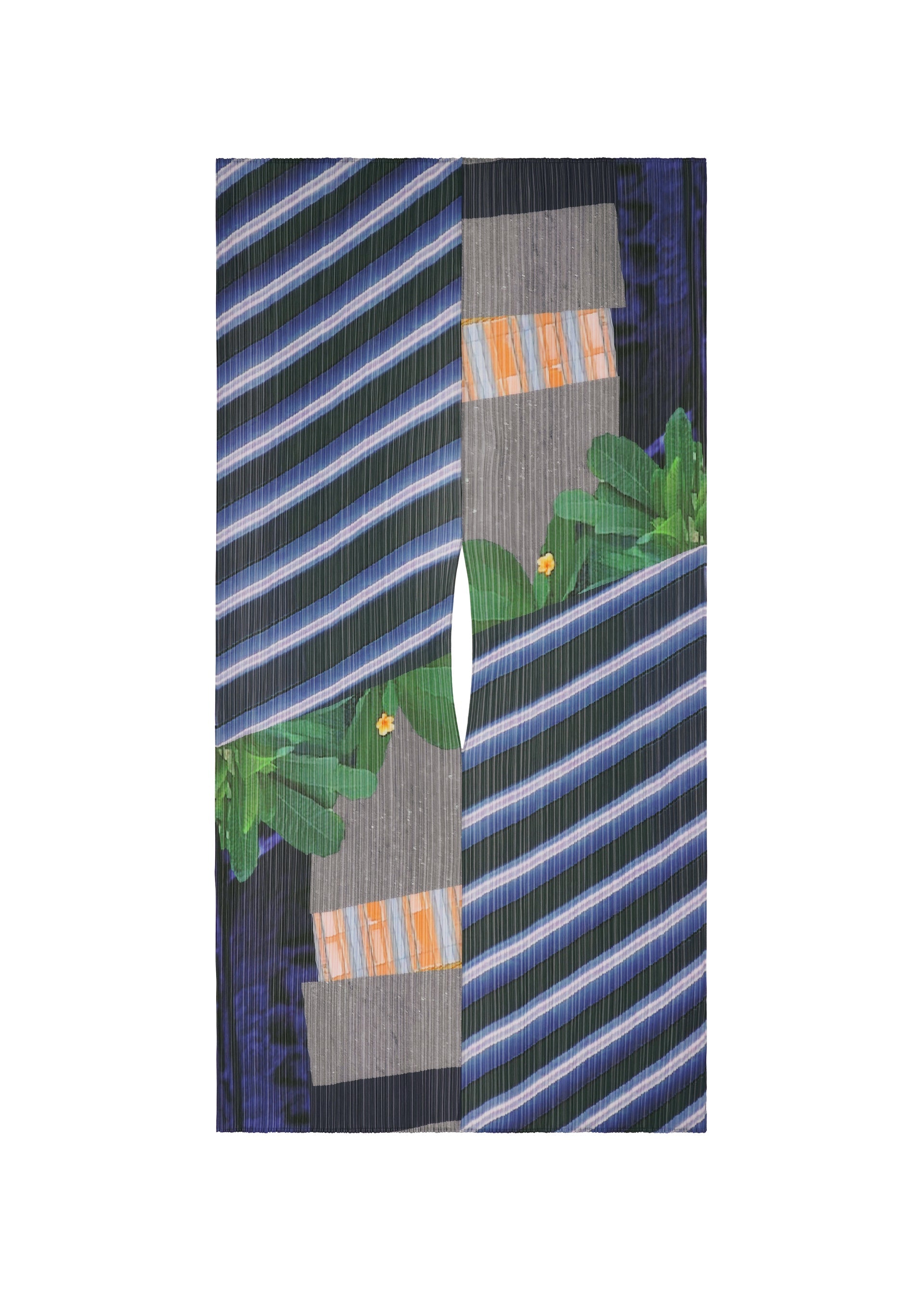Zoomed view The CITY COLLAGE MADAME-T by PLEATS PLEASE ISSEY MIYAKE features abstract art with blue and white diagonal stripes, gray lines, green leaf shapes, and orange accents split by a central curved gap for a mirrored collage effect. - GRAY×NAVY （no.09）