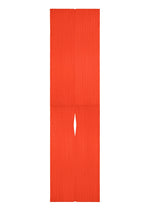 MADAME-T FEBRUARY by PLEATS PLEASE ISSEY MIYAKE is a tall, red-orange piece with vivid hues, a central vertical slit like a stole with hole, and fine textured lines running uniformly across its surface. - RED （no.24）