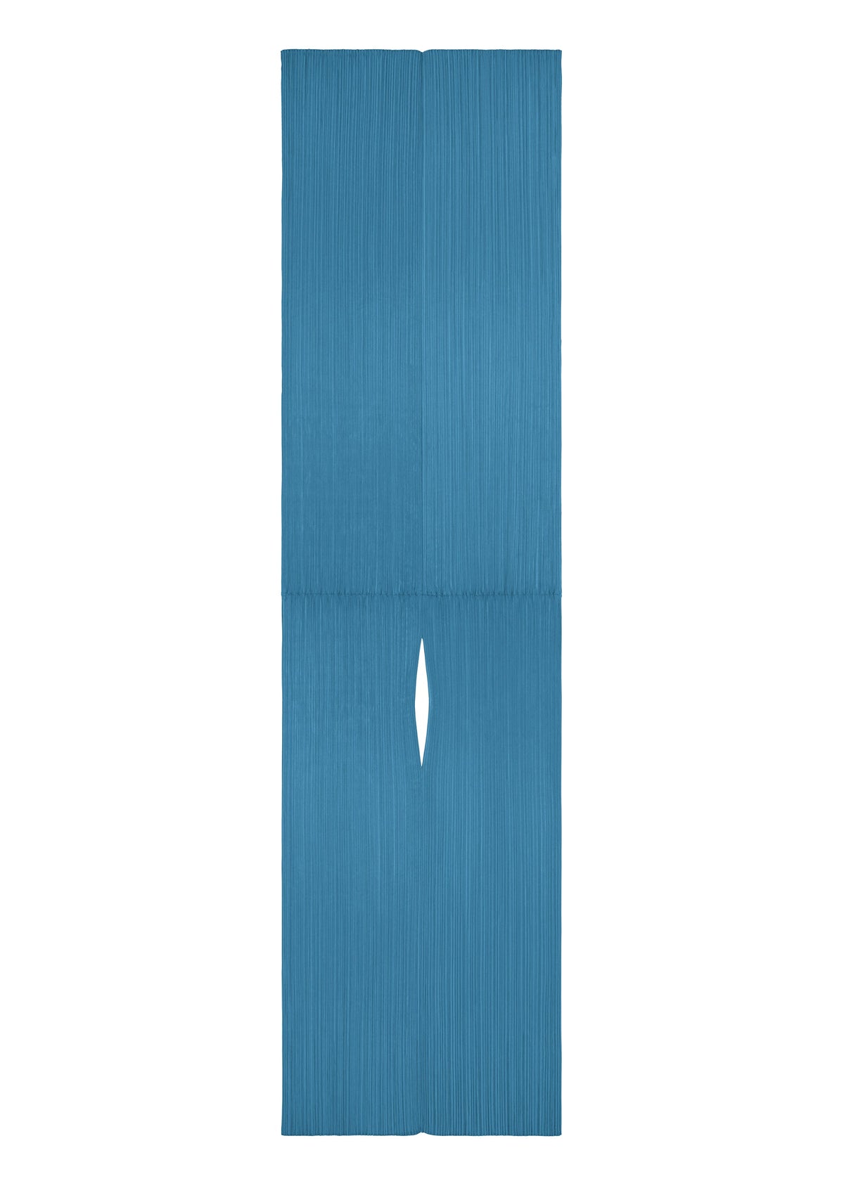 The MADAME-T FEBRUARY by PLEATS PLEASE ISSEY MIYAKE is a tall, blue pleated rectangular stole with a central vertical slit, artfully folded lengthwise for a symmetrical, sculptural look against a white background. view 2 of 5