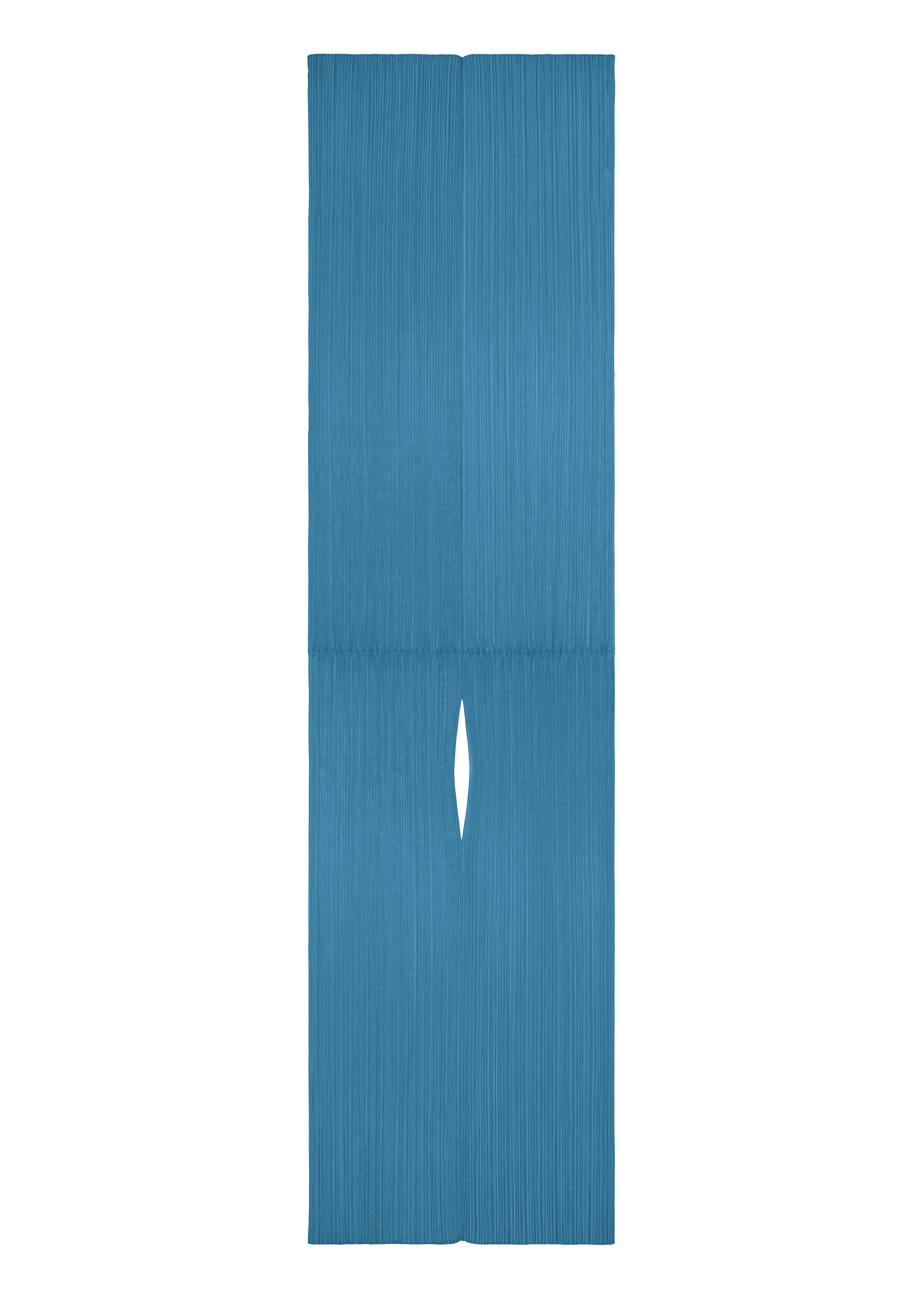 Zoomed view The MADAME-T FEBRUARY by PLEATS PLEASE ISSEY MIYAKE is a tall, blue pleated rectangular stole with a central vertical slit, artfully folded lengthwise for a symmetrical, sculptural look against a white background. - DEEP BLUE （no.76）