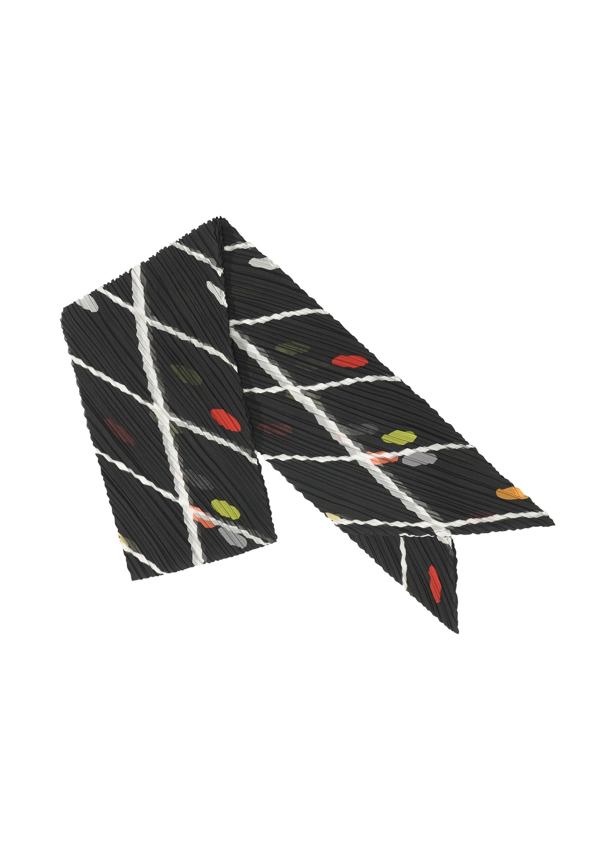 The CROSSING DOTS SCARF by PLEATS PLEASE ISSEY MIYAKE features black fabric with diagonal white stripes and red, yellow, and green dots—ideal for pairing with a suit or adding flair to your outfit. view 4 of 5