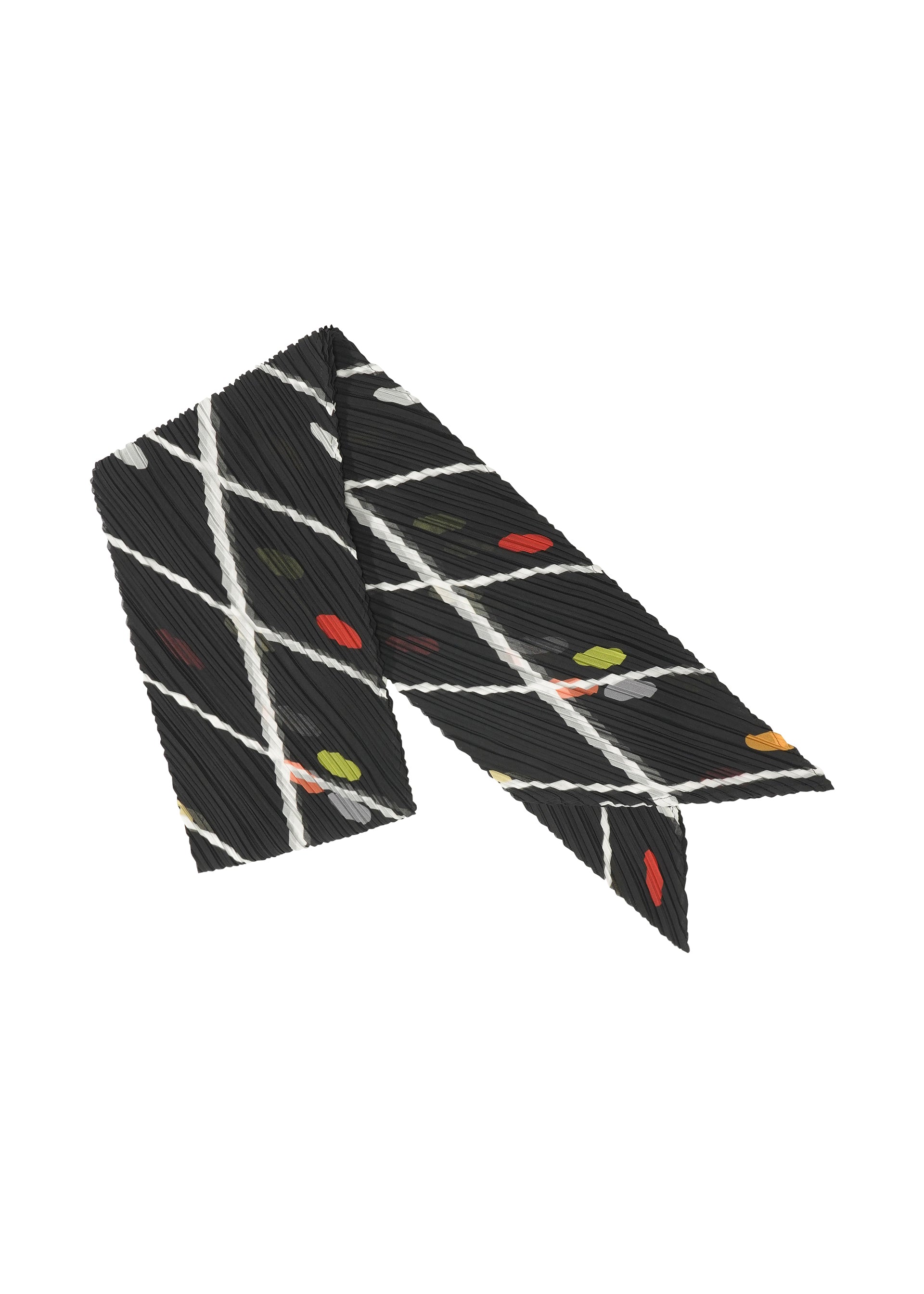 Zoomed view The CROSSING DOTS SCARF by PLEATS PLEASE ISSEY MIYAKE features black fabric with diagonal white stripes and red, yellow, and green dots—ideal for pairing with a suit or adding flair to your outfit. - BLACK （no.15）