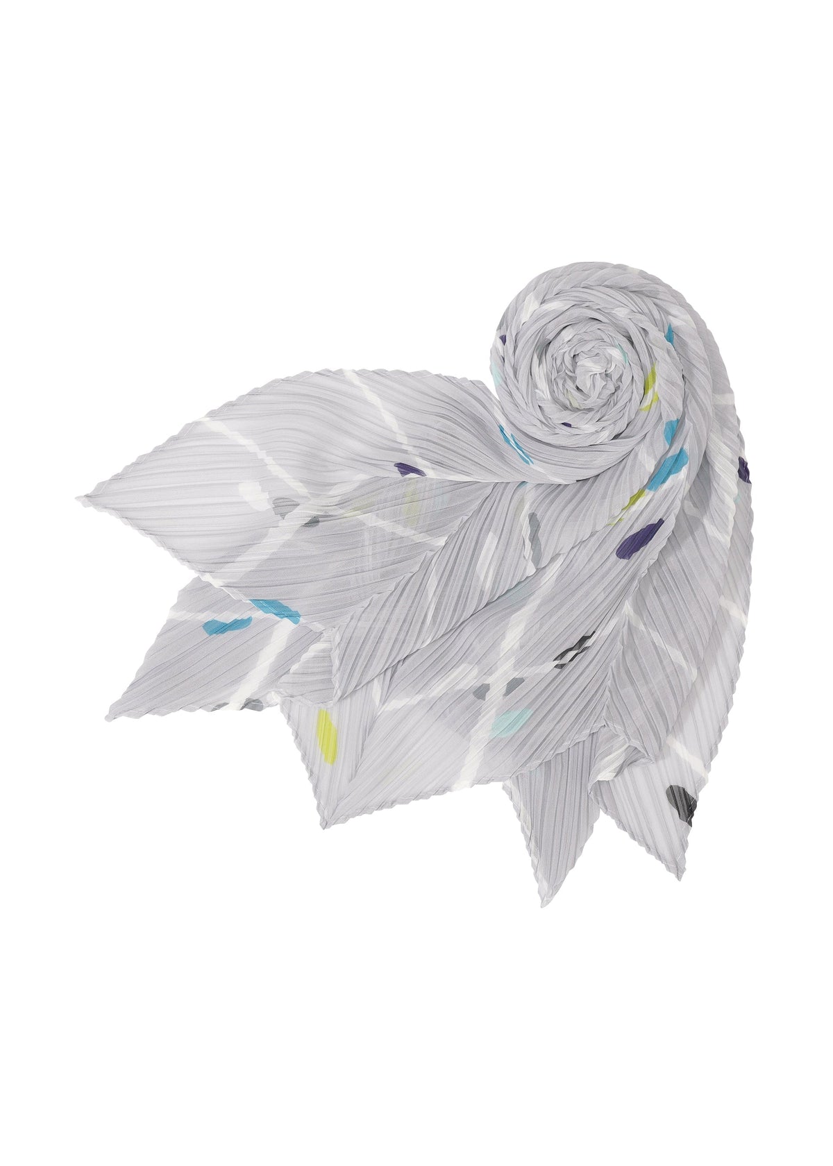 The CROSSING DOTS SCARF by PLEATS PLEASE ISSEY MIYAKE is a pleated light gray accessory with abstract city-inspired patterns, displayed in a spiral with pointed ends fanned out like petals against a white background. view 2 of 5