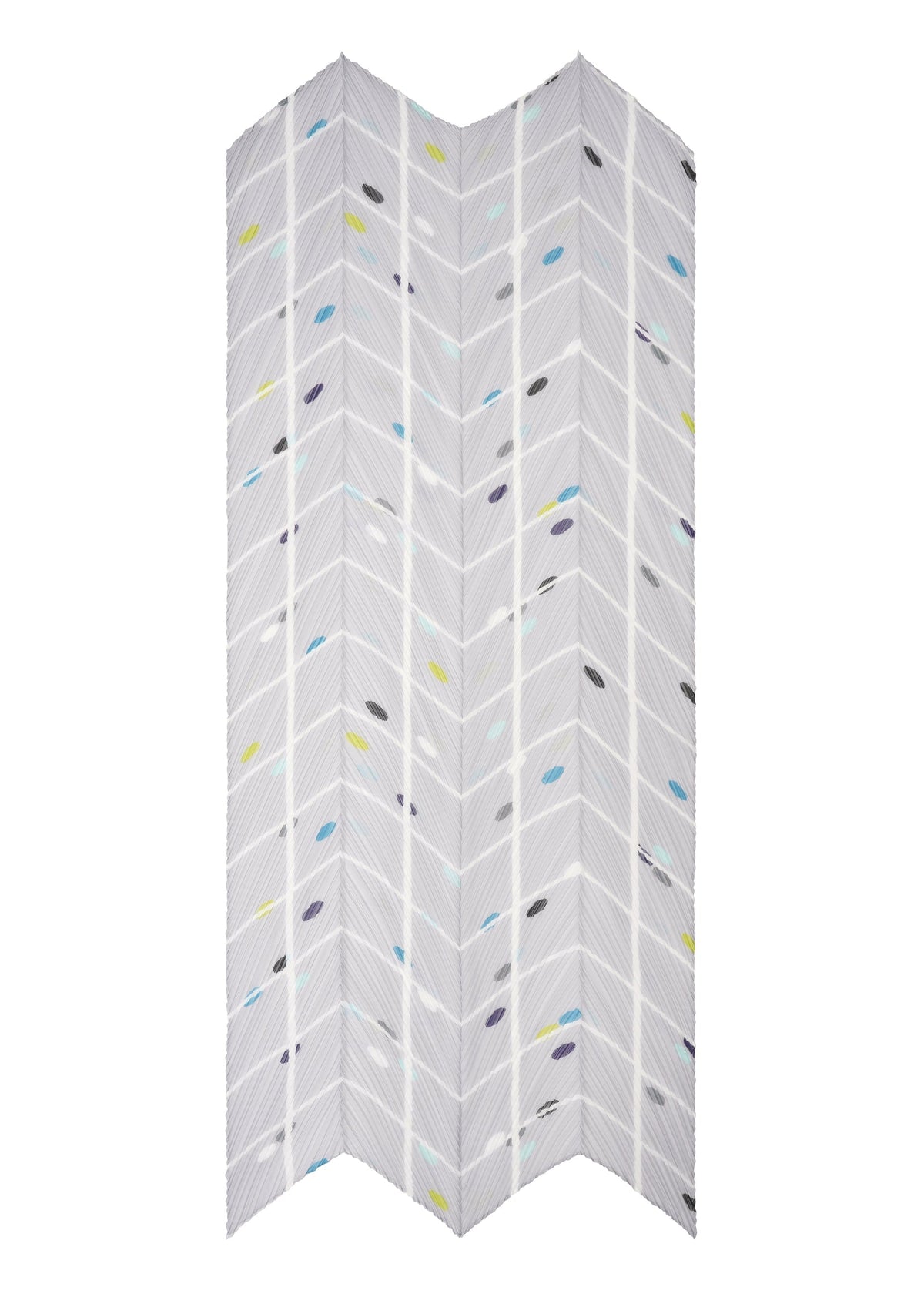 The CROSSING DOTS SCARF by PLEATS PLEASE ISSEY MIYAKE features a white background with a grey herringbone pattern and colorful dots in yellow, blue, purple, and black—evoking a bold city print or abstract scarf design. view 3 of 5