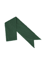 The MONTHLY SCARF MARCH by PLEATS PLEASE ISSEY MIYAKE features dark green pleated fabric, ribbon-shaped with one angled end and one split end, shown on a white background. - DARK GREEN （no.67）