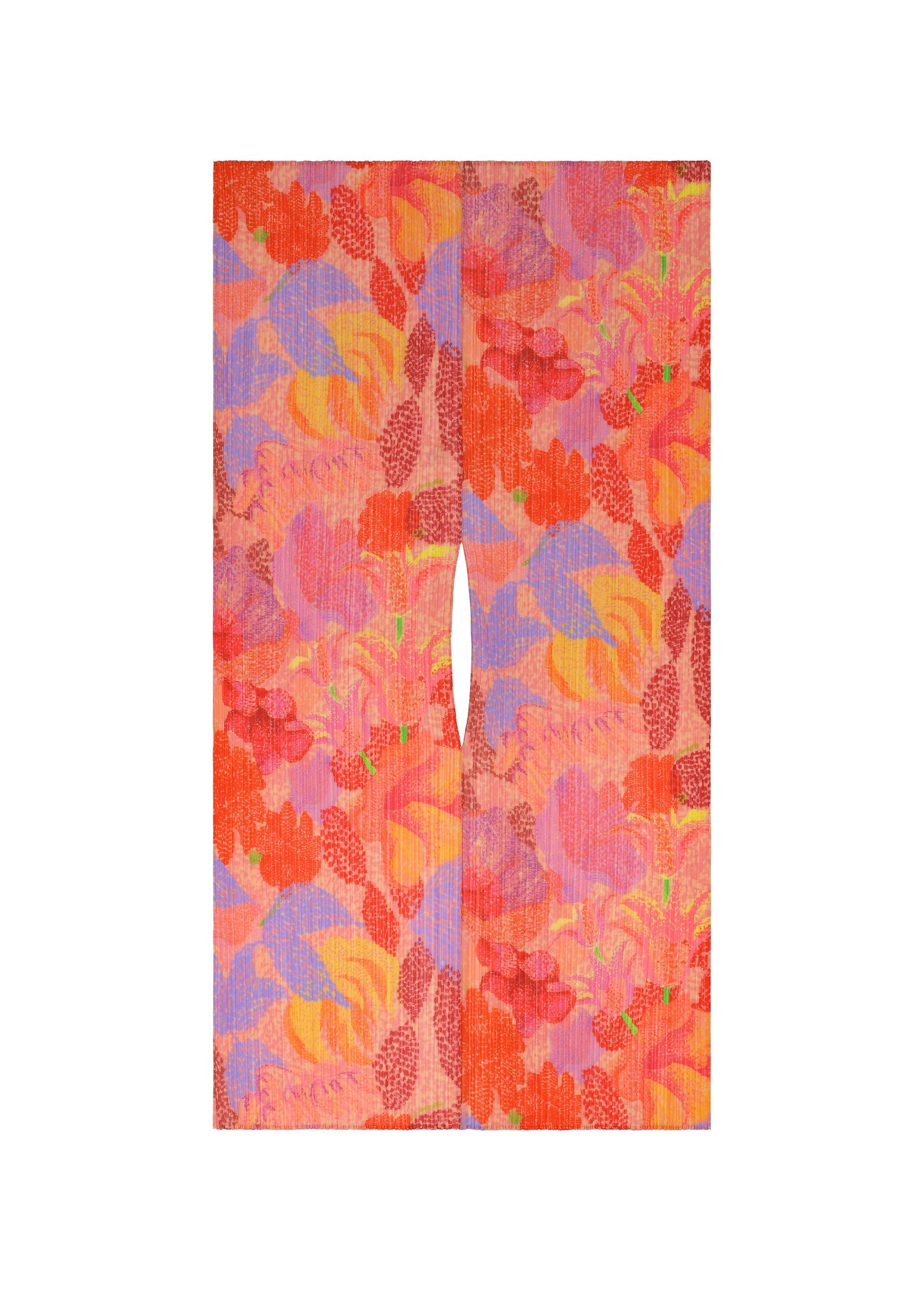 Zoomed view The FOGGY FOREST MADAME-T by PLEATS PLEASE ISSEY MIYAKE is a vibrant rectangular stole with a central slit, showcasing a colorful floral print in red, orange, pink, and purple on a white background. - PINK （no.22）