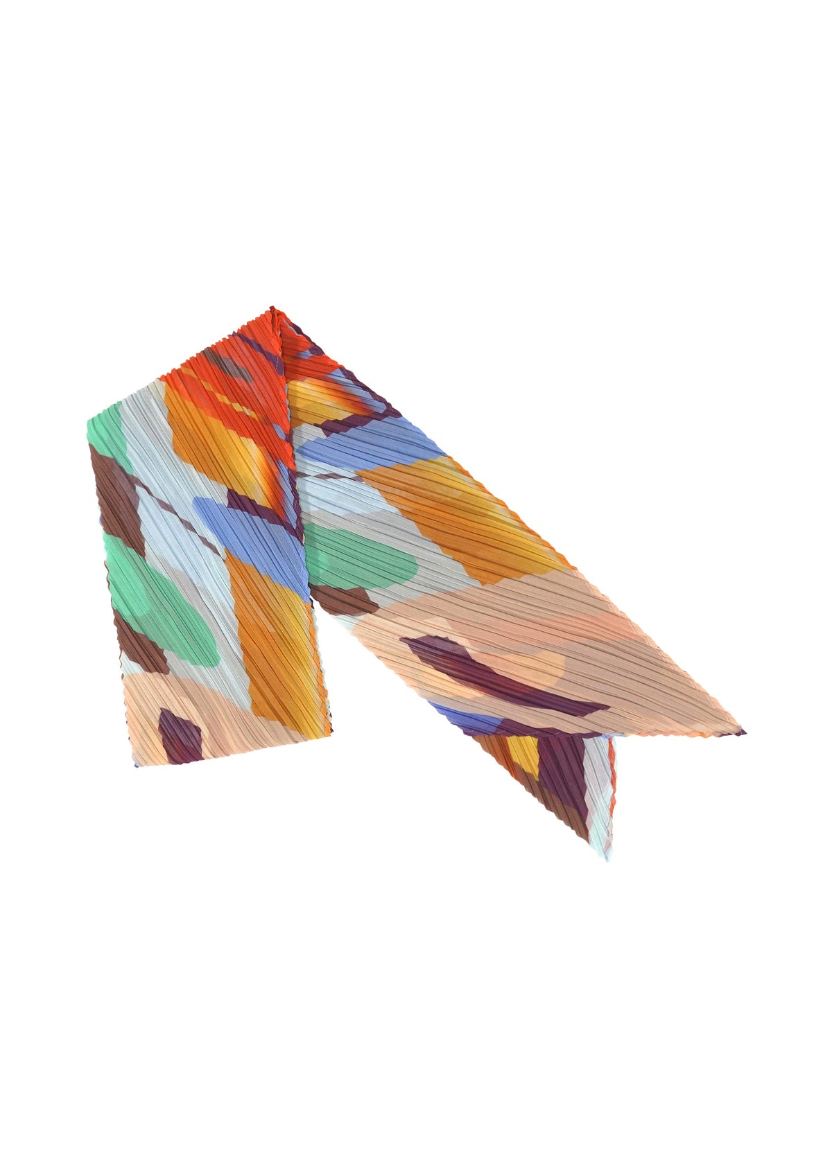The PLAYGROUND SCARF by PLEATS PLEASE ISSEY MIYAKE features pointed ends and a crinkled texture, with a vibrant geometric print in orange, blue, green, purple, and beige, shown on a white background. view 1 of 5