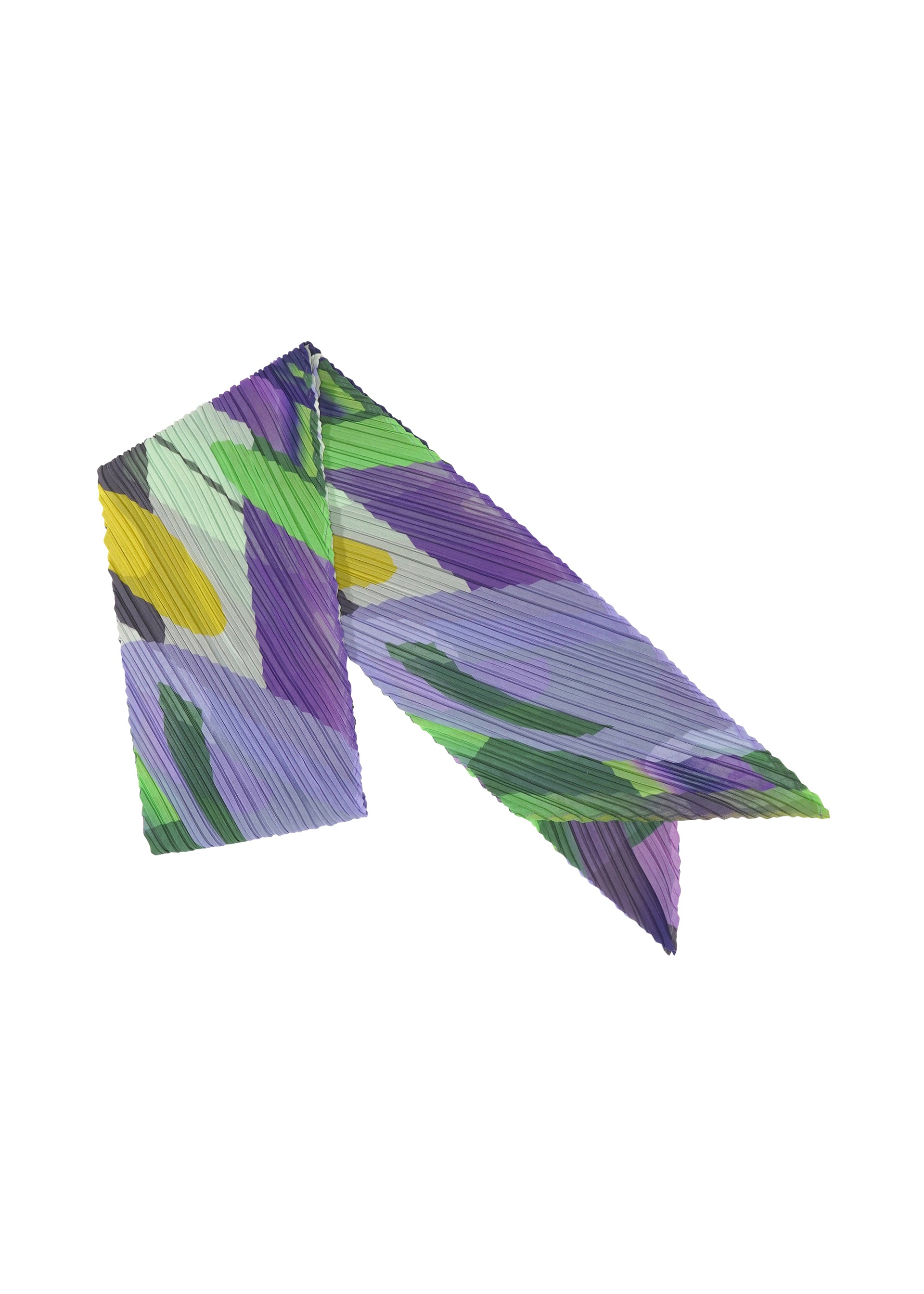 Zoomed view The PLAYGROUND SCARF by PLEATS PLEASE ISSEY MIYAKE features bold geometric pleats in purple, green, yellow, and white, displayed against a white background. - PURPLE （no.81）