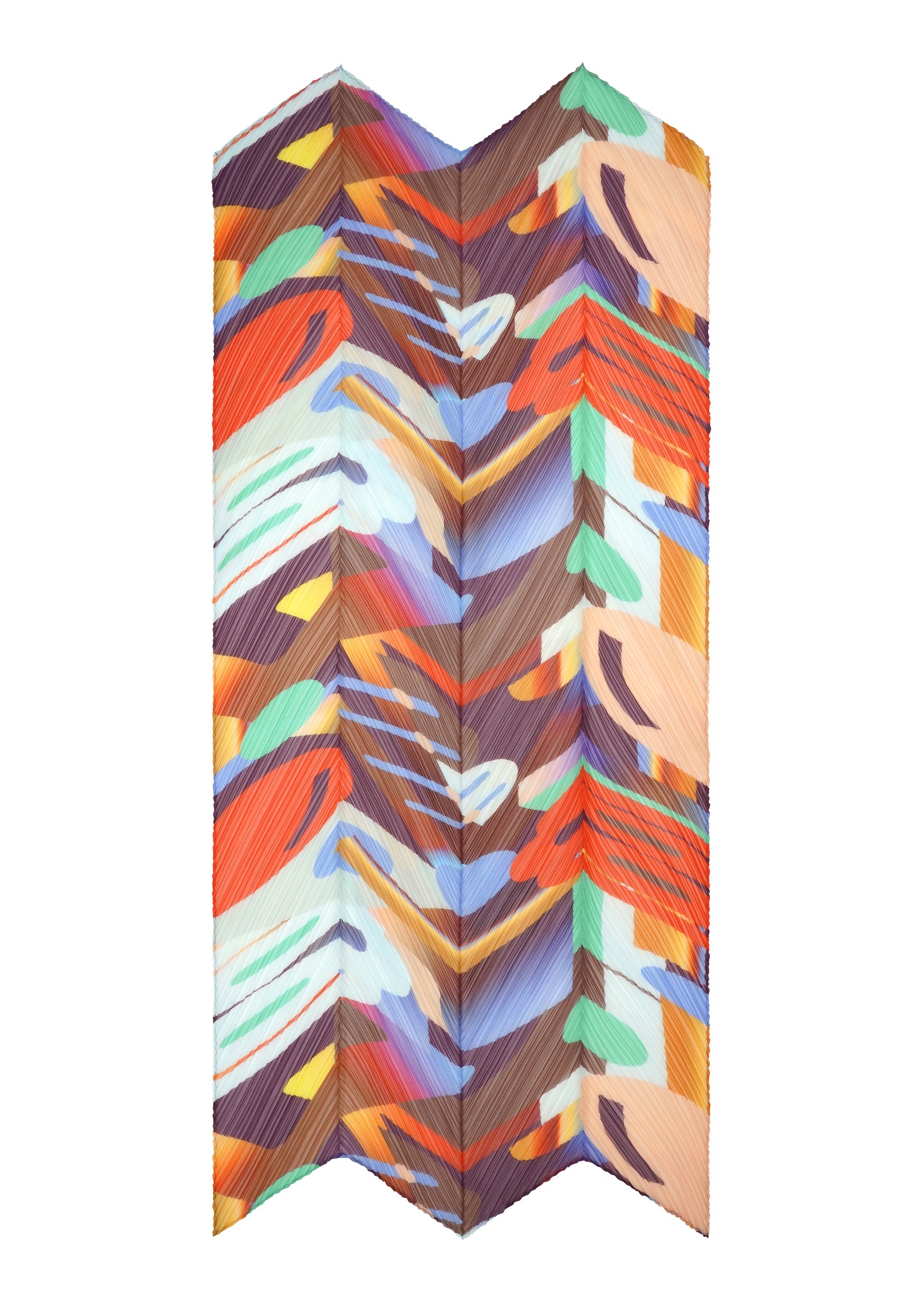 Zoomed view The PLAYGROUND SCARF by PLEATS PLEASE ISSEY MIYAKE features a vibrant geometric print of organic shapes in orange, purple, blue, yellow, and white arranged in a chevron-like pattern.