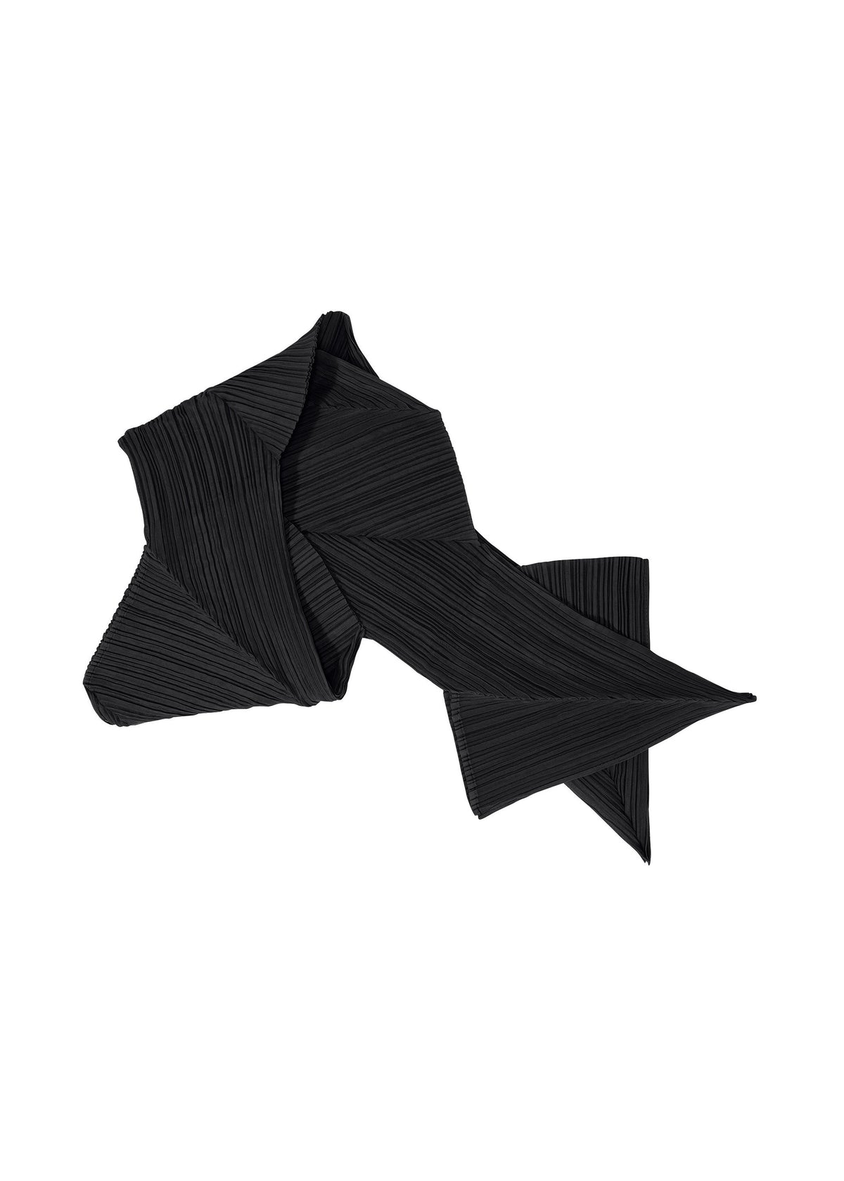 The ZIGZAG SCARF by PLEATS PLEASE ISSEY MIYAKE is a black, pleated accessory with an abstract zigzag pattern and sharp geometric shapes, shown against a white background. view 1 of 7