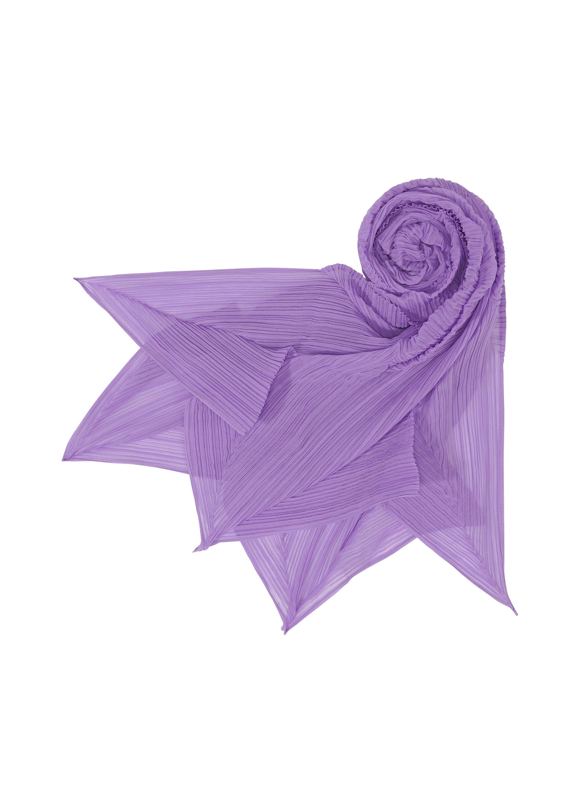 Zoomed view The ZIGZAG SCARF by PLEATS PLEASE ISSEY MIYAKE, in lavender with pleats and pointed ends, is styled in a spiral on a white background—adding a playful touch to any outfit.