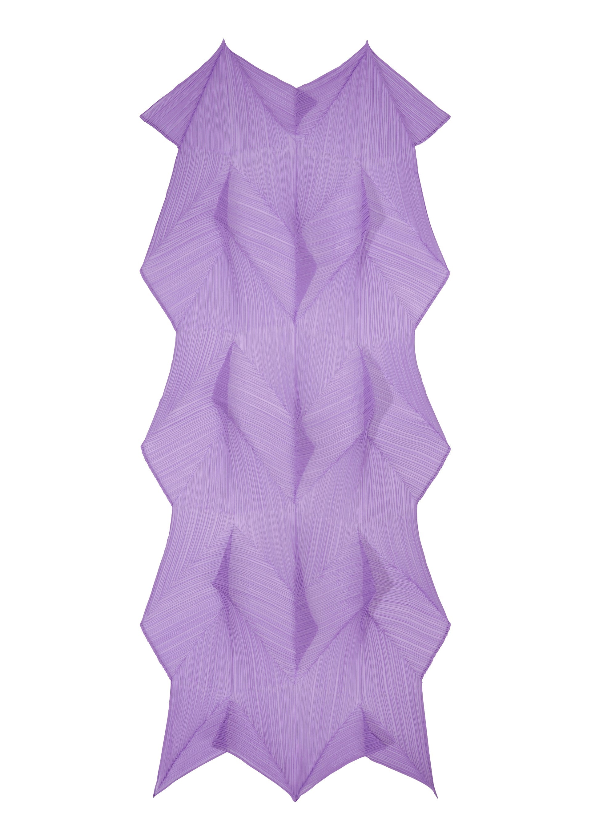 Zoomed view The ZIGZAG SCARF by PLEATS PLEASE ISSEY MIYAKE features a light purple, geometric, three-dimensional design with angular pleats and a zigzag pattern on a white background, reminiscent of folded paper or fabric.