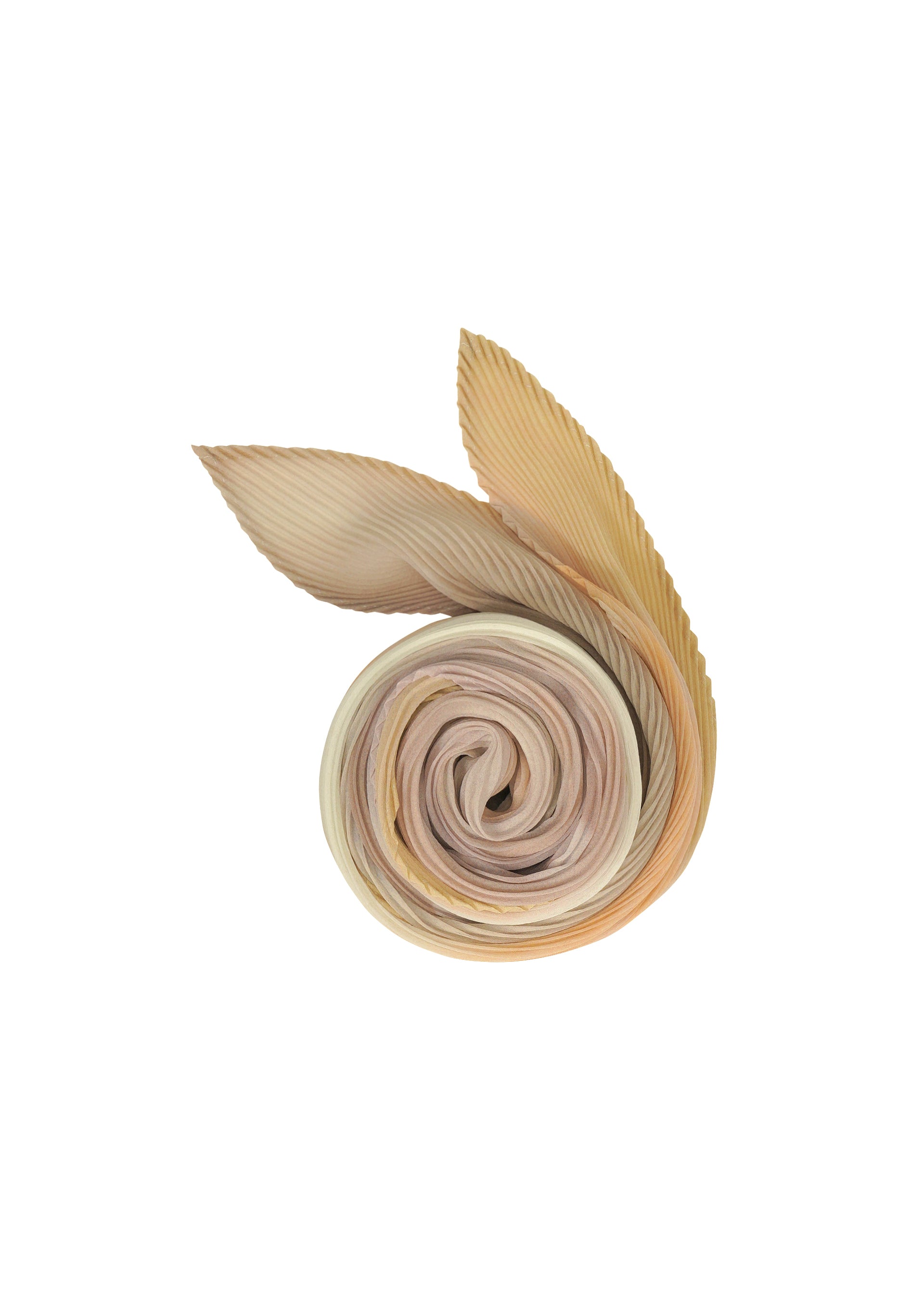 Zoomed view The SEA BUBBLE SCARF by PLEATS PLEASE ISSEY MIYAKE, a pleated gradient accessory, is rolled into a spiral with two pointed ends like a rose and leaves, displayed on a white background. - GREIGE （no.42）