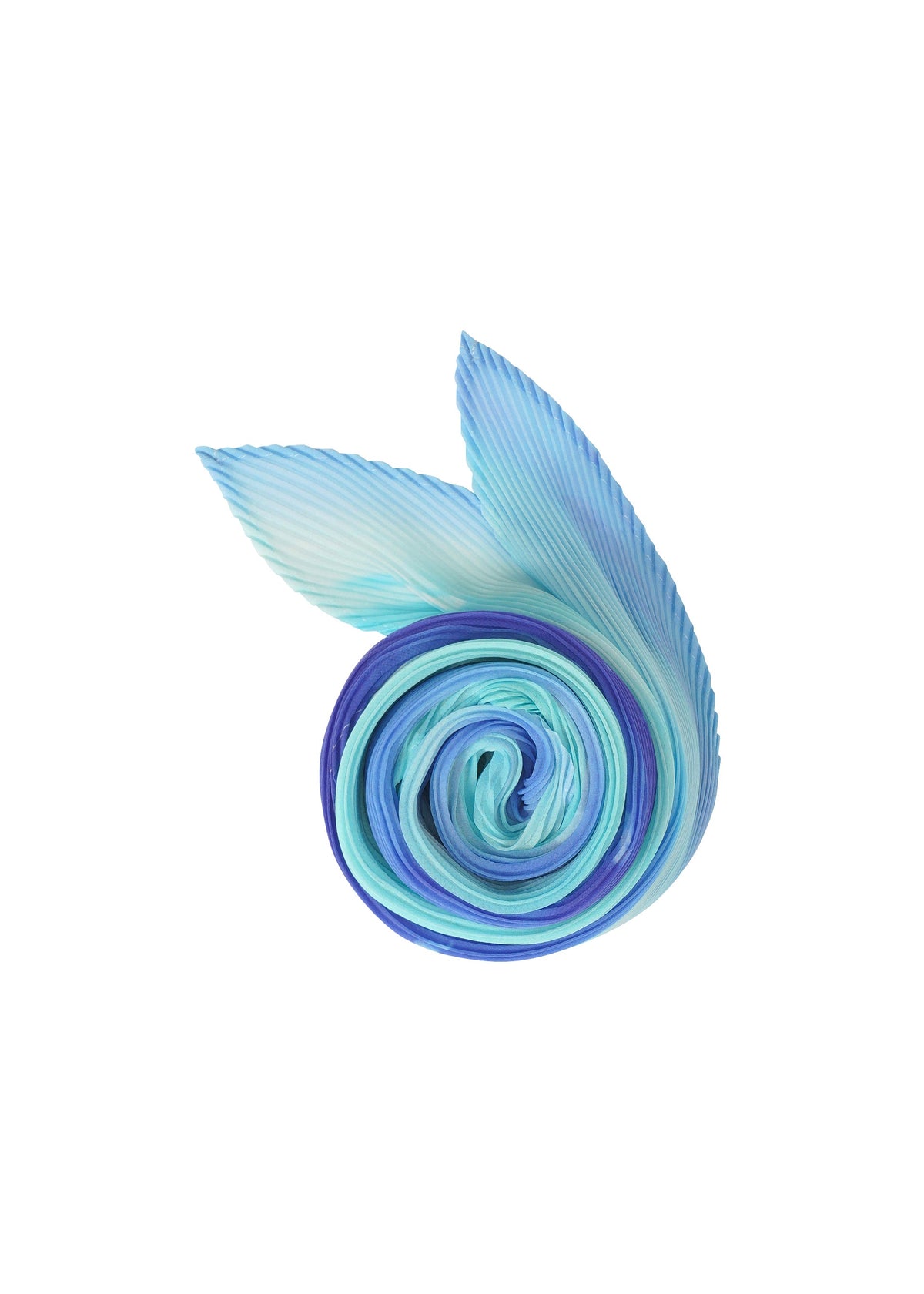 The SEA BUBBLE SCARF by PLEATS PLEASE ISSEY MIYAKE, in blue and purple pleats, is arranged spirally with its leaf-shaped ends displayed on a white background. view 2 of 4
