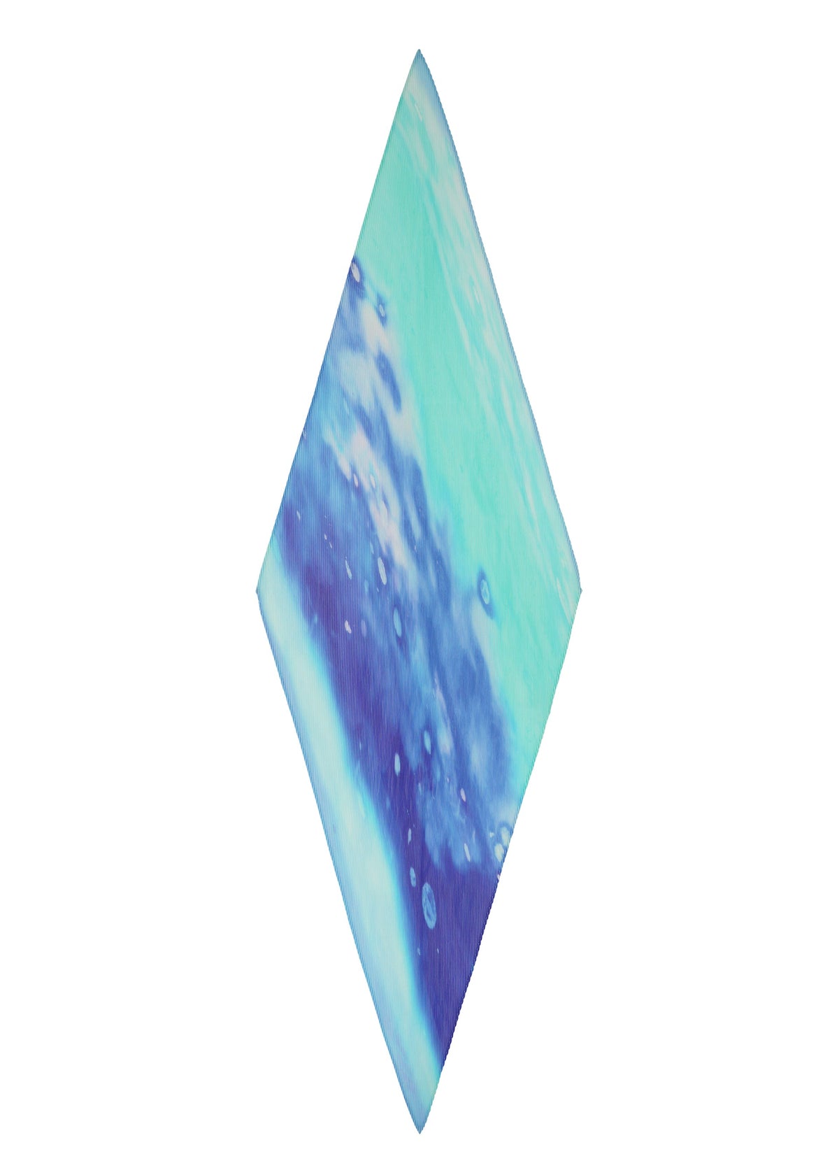 The SEA BUBBLE SCARF by PLEATS PLEASE ISSEY MIYAKE features a diamond shape and an abstract blue and turquoise water-inspired bubble pattern on a white background, evoking an underwater scene. view 3 of 4