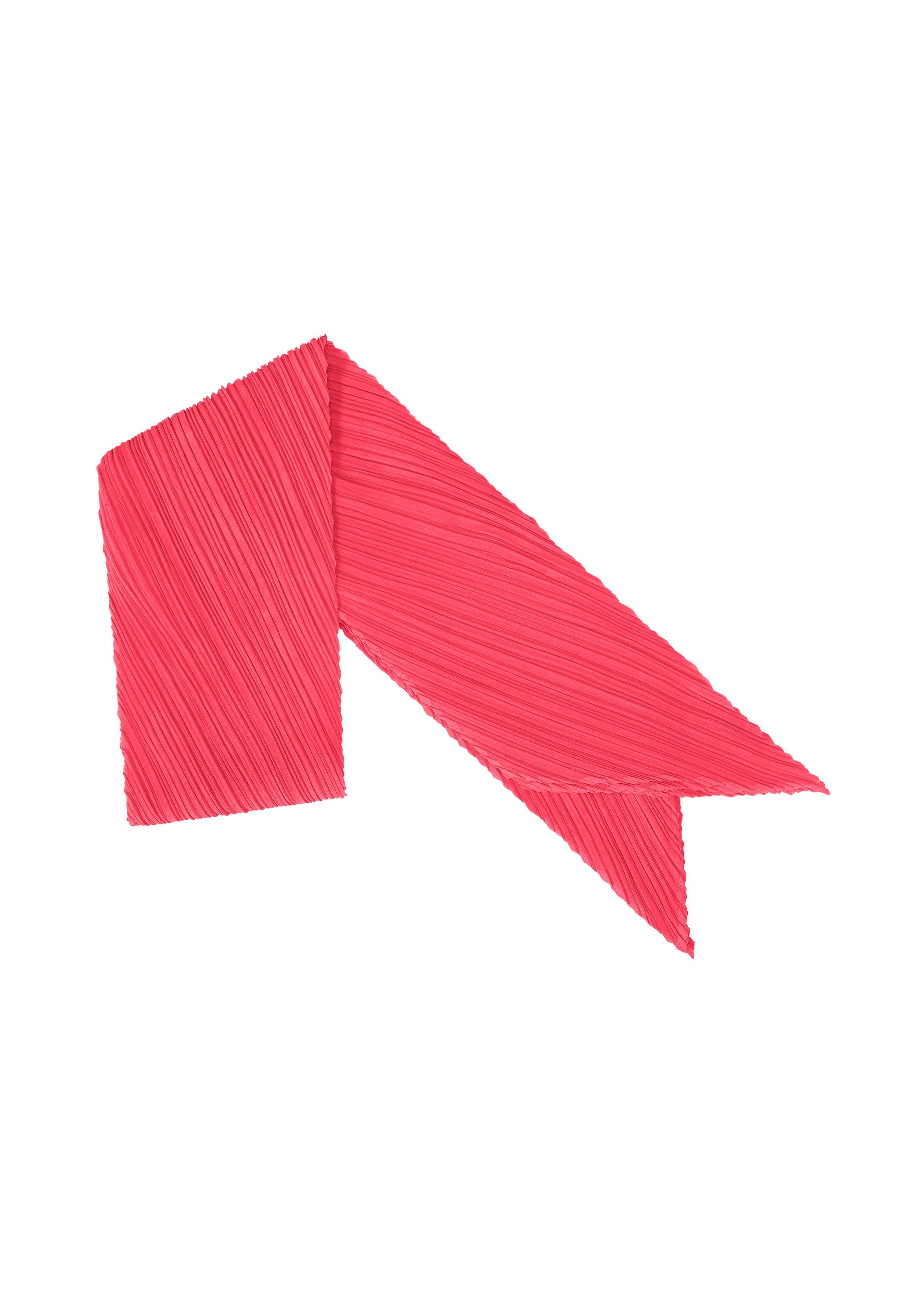 Zoomed view The MONTHLY SCARF JUNE by PLEATS PLEASE ISSEY MIYAKE, in textured red, is folded into a sideways V—one end straight, the other pointed like a ribbon—set against a white background. - BRIGHT PINK （no.26）