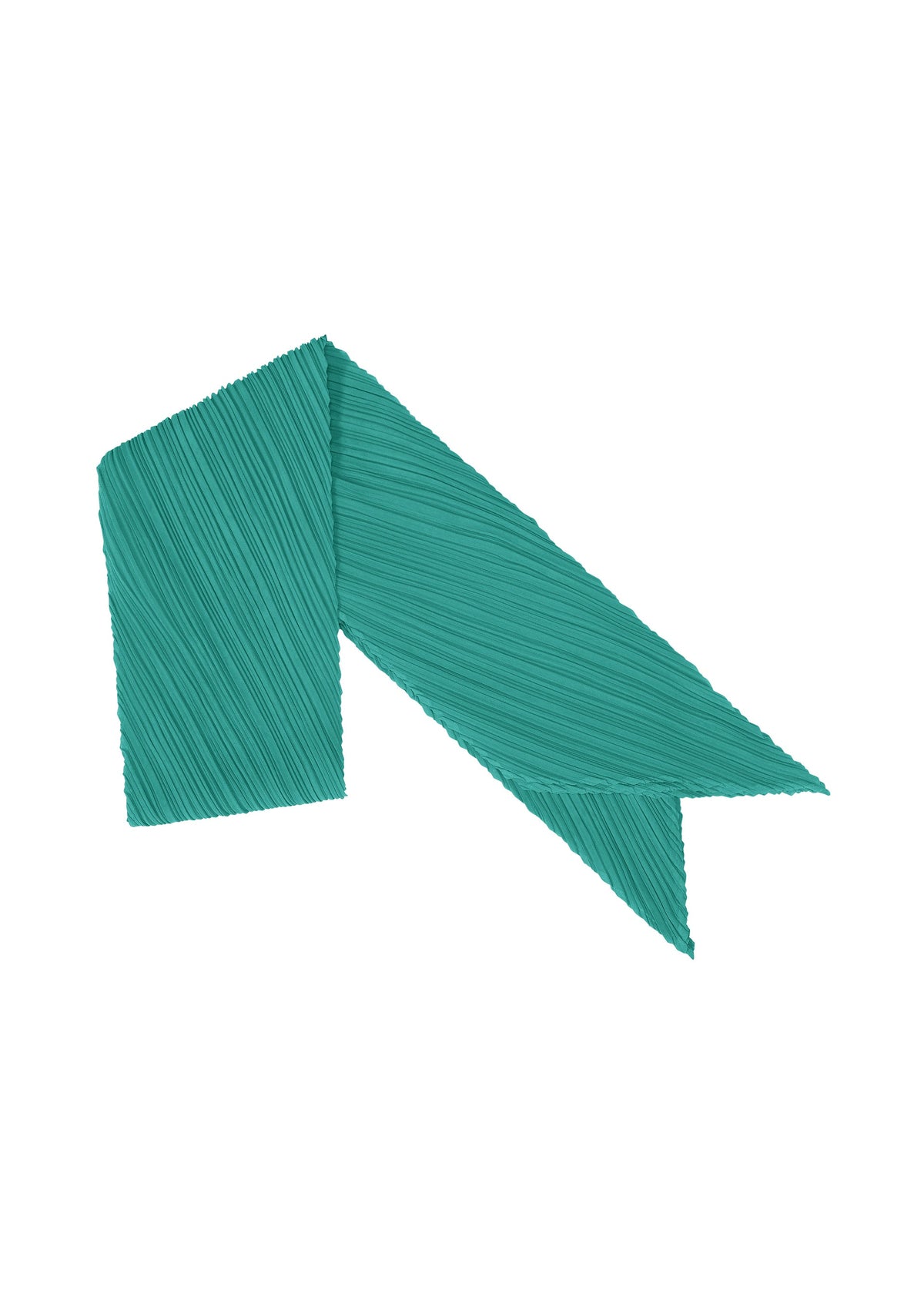 The MONTHLY SCARF JUNE by PLEATS PLEASE ISSEY MIYAKE is a teal, textured scarf folded at a sharp angle, featuring one pointed and one short rectangular end, displayed on a white background. view 3 of 6