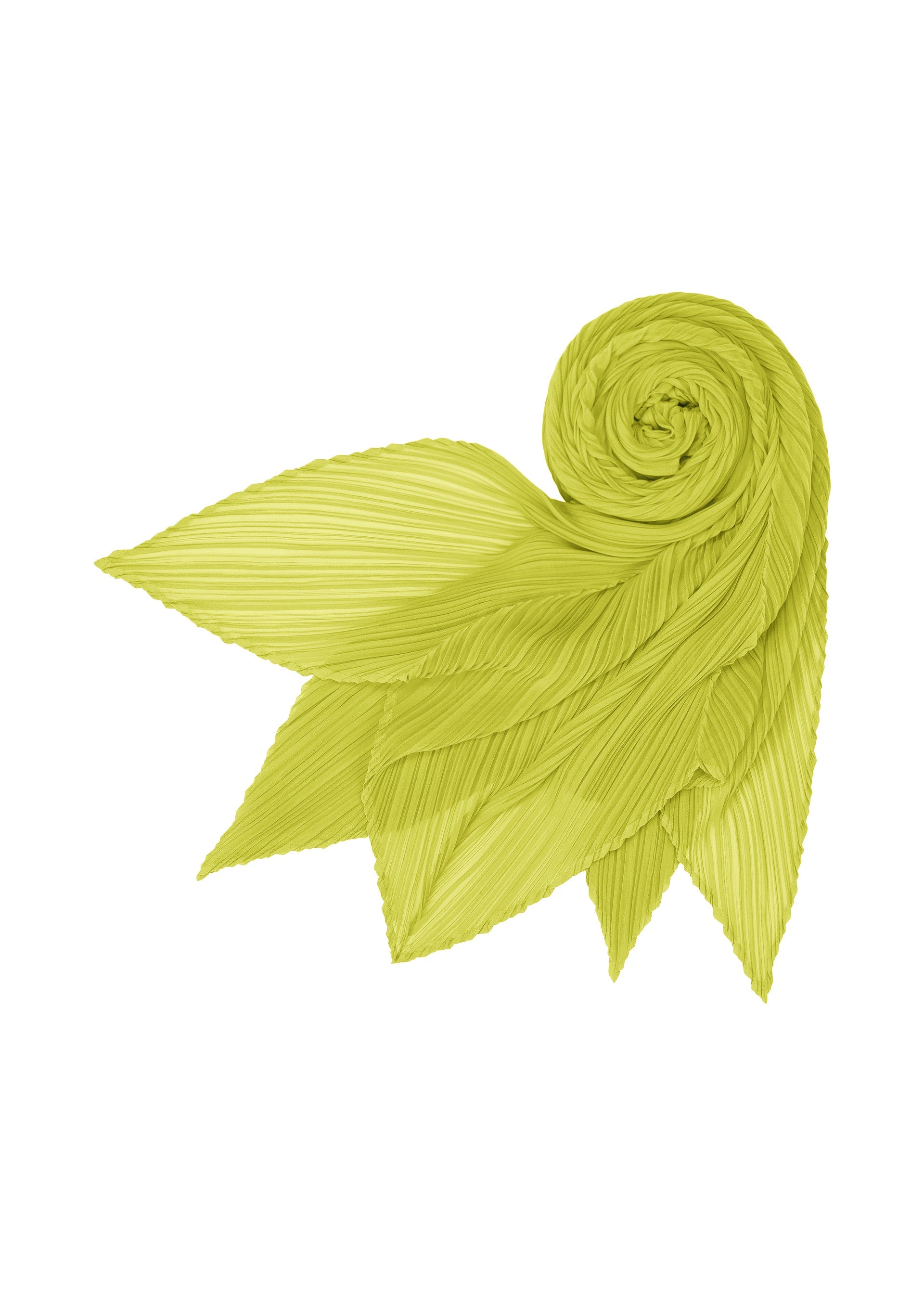 Zoomed view The MONTHLY SCARF JUNE by PLEATS PLEASE ISSEY MIYAKE, in lime green pleated fabric, is arranged in a spiral with pointed ends on a white background, resembling an origami-inspired leaf or flower.