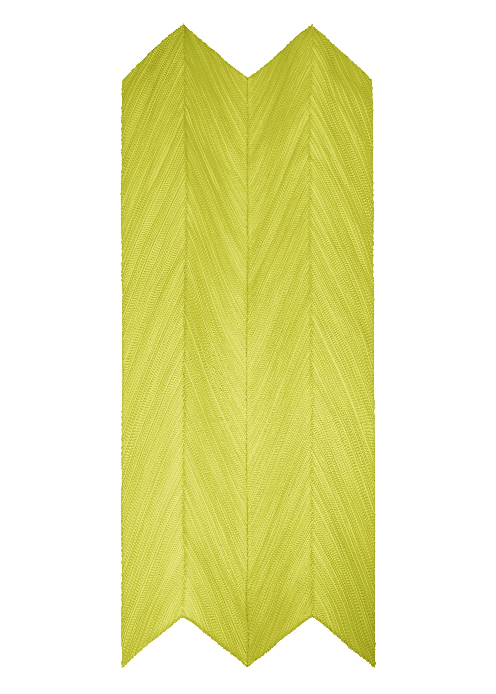 Zoomed view The MONTHLY SCARF JUNE by PLEATS PLEASE ISSEY MIYAKE features a chevron pattern in light yellow-green, with two connected panels and diagonal lines for a stylish, textured, woven look.