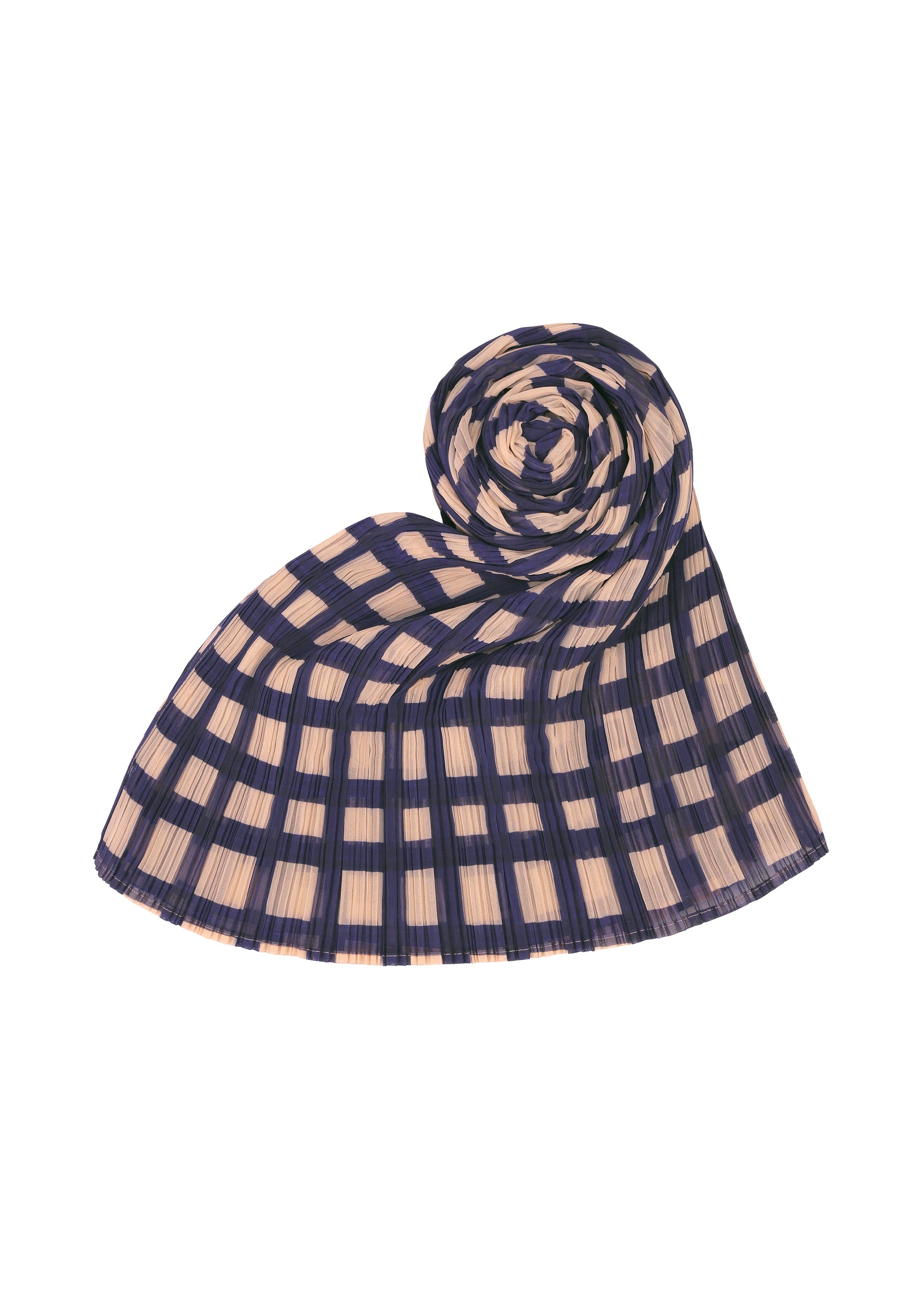 Zoomed view The BASKET MADAME-T by PLEATS PLEASE ISSEY MIYAKE is a pleated stole featuring a navy blue and beige block check print, displayed spiraled on a white backdrop.