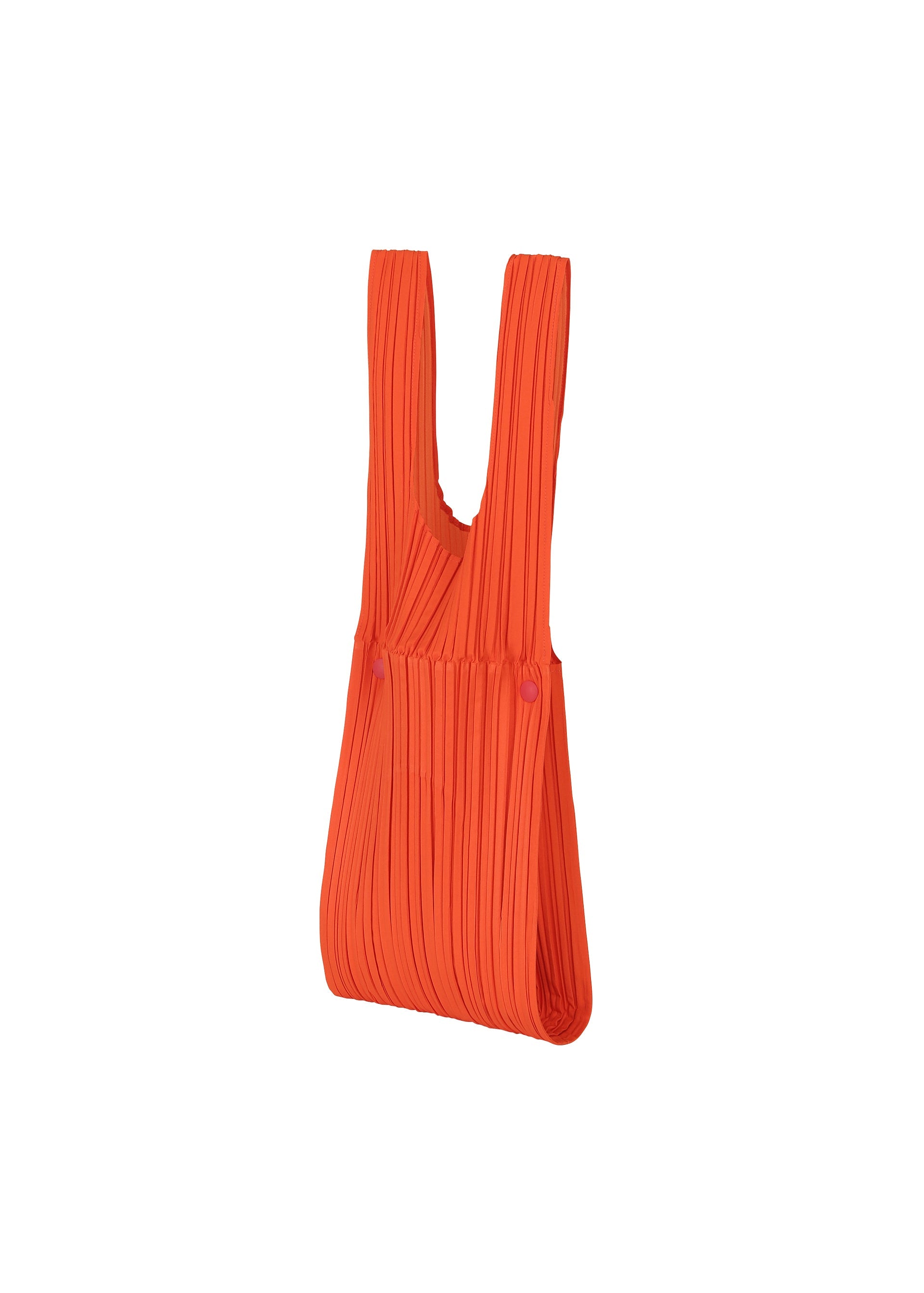 Zoomed view The PLEATS PLEASE ISSEY MIYAKE PLEATS BRIDGE BAG is a bright orange tote with wide handles, distinctive pleated details, and is shown against a plain white background. - RED （no.24）