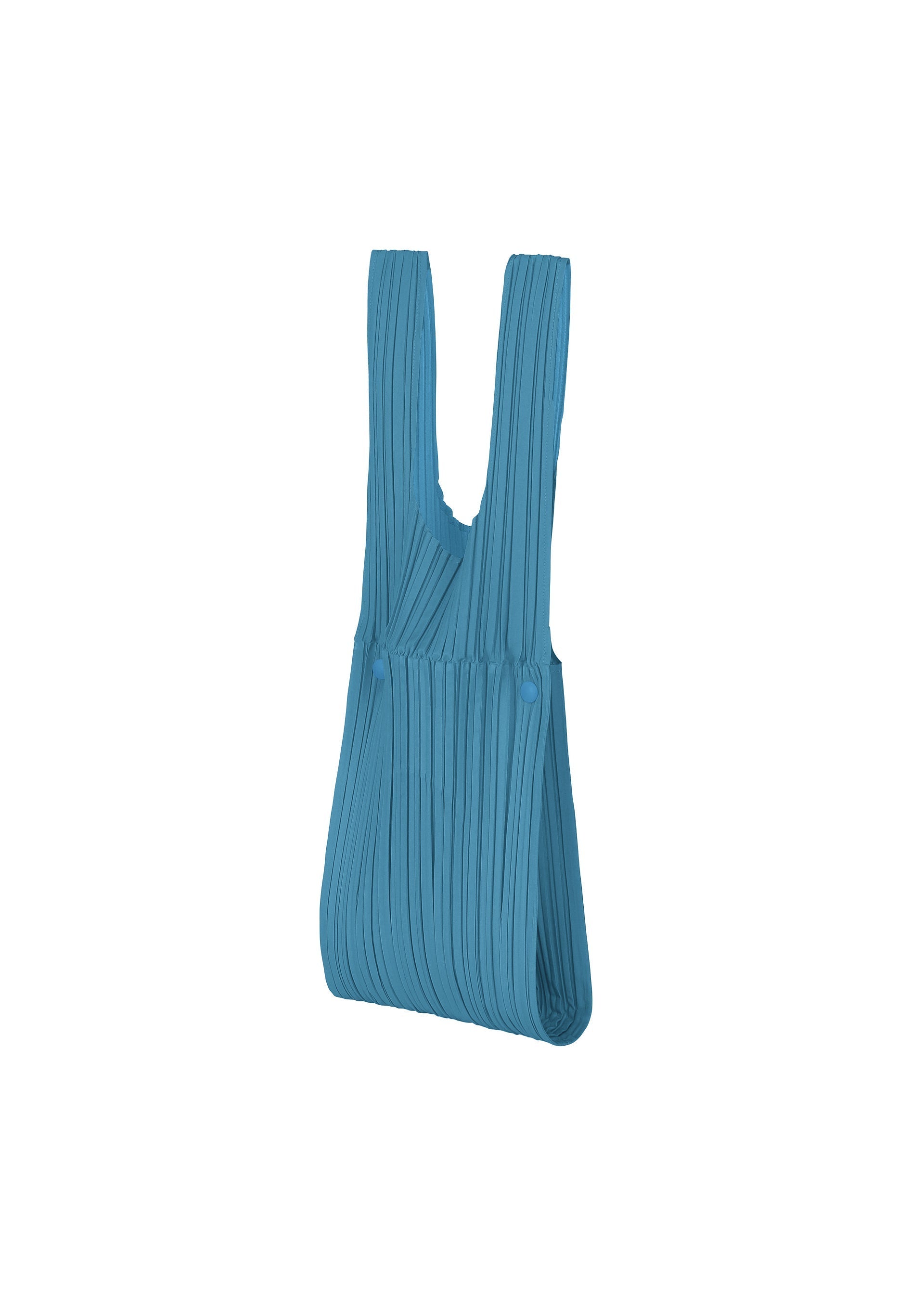 Zoomed view The PLEATS BRIDGE BAG by PLEATS PLEASE ISSEY MIYAKE is a blue pleated tote with two handles and a unique design, shown upright against a white background, providing plenty of open space for shopping. - DEEP BLUE （no.76）