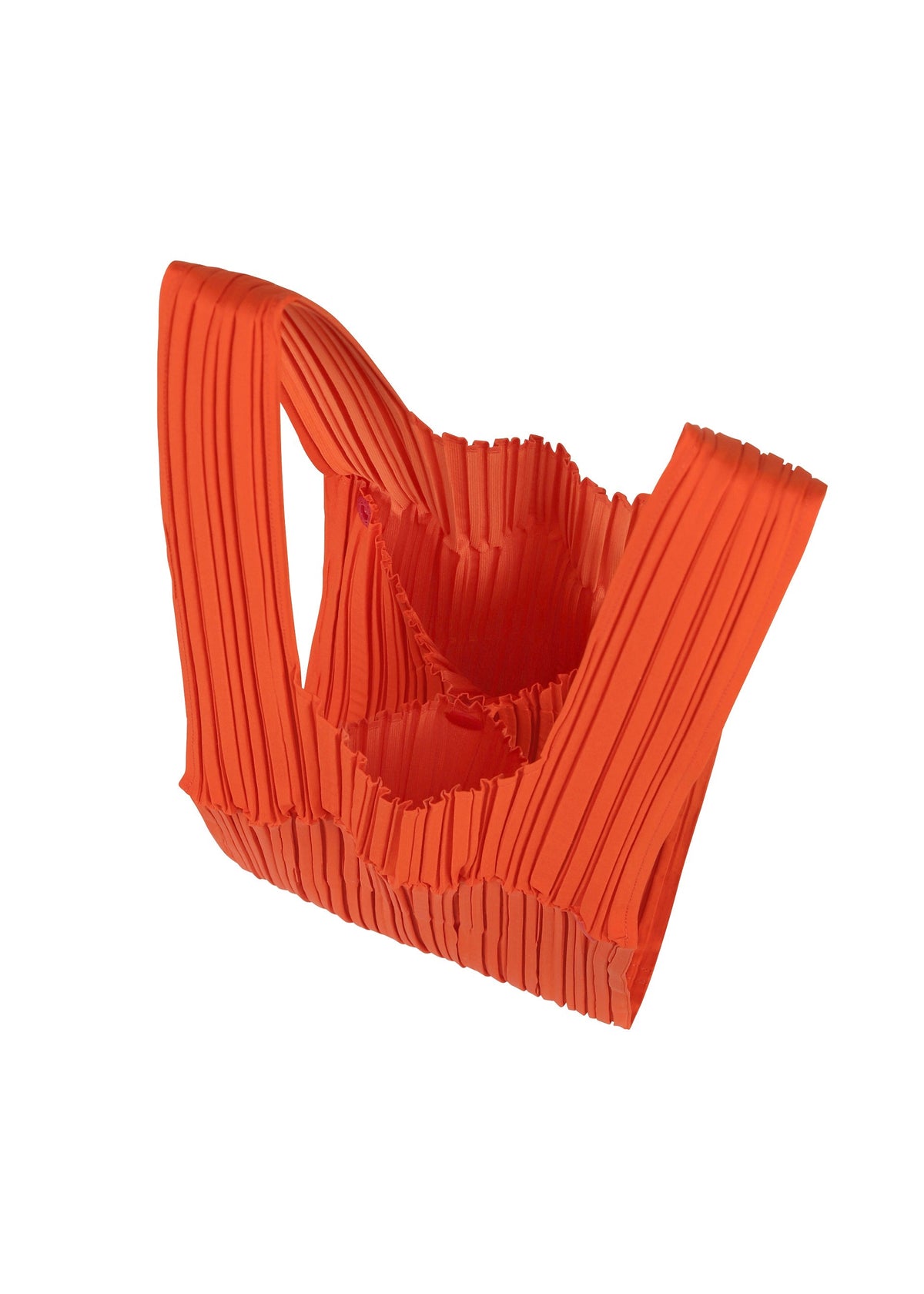 The PLEATS BRIDGE BAG by PLEATS PLEASE ISSEY MIYAKE is a vibrant orange tote with a unique crinkled, pleated texture and two handles, shown against a white background. view 4 of 6