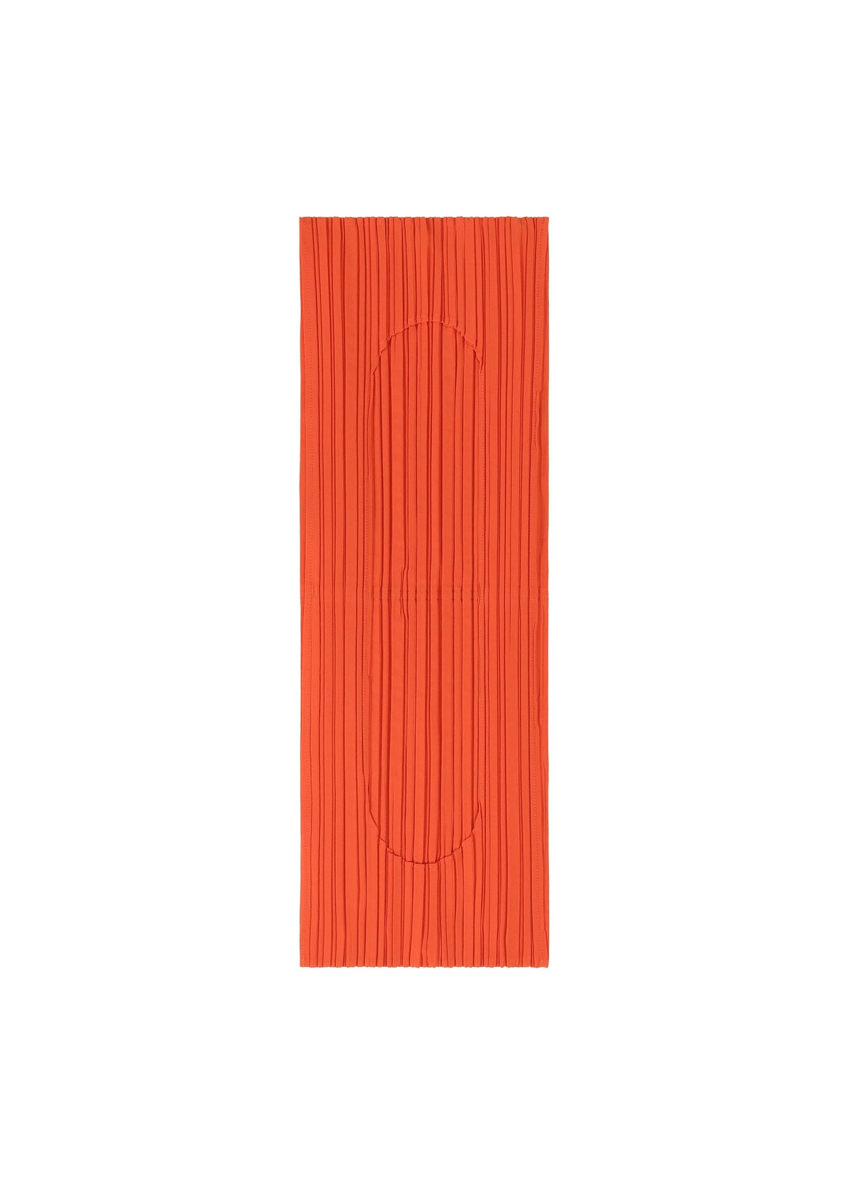 The PLEATS BRIDGE BAG by PLEATS PLEASE ISSEY MIYAKE is a rectangular orange fabric tote with vertical pleats and a subtle, large oval outline at the center, showcased against a white background. view 5 of 6