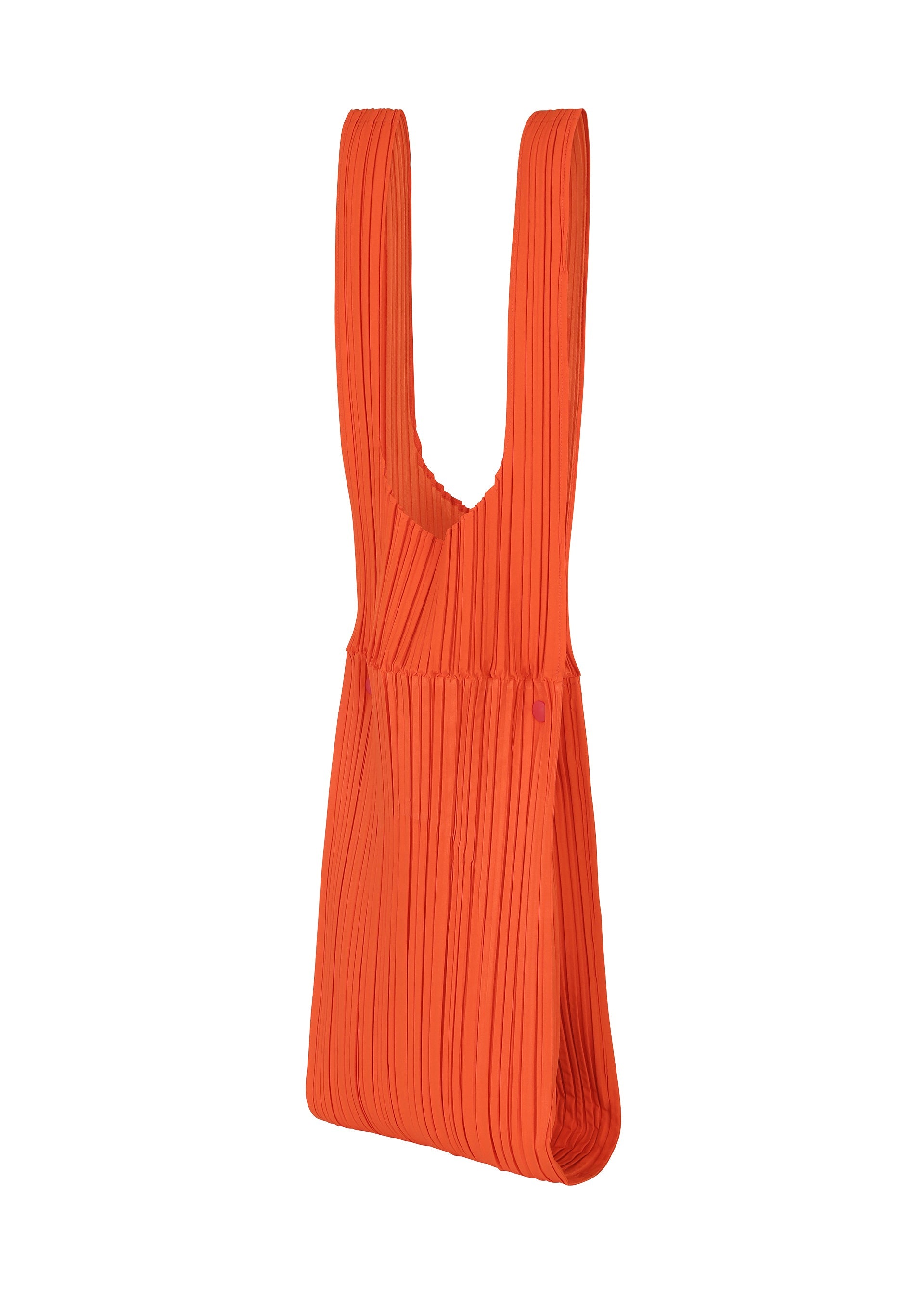 Zoomed view The PLEATS BRIDGE BAG by PLEATS PLEASE ISSEY MIYAKE features textured, bright orange fabric with vertical pleats and a unique design, shown against a plain white background. - RED （no.24）