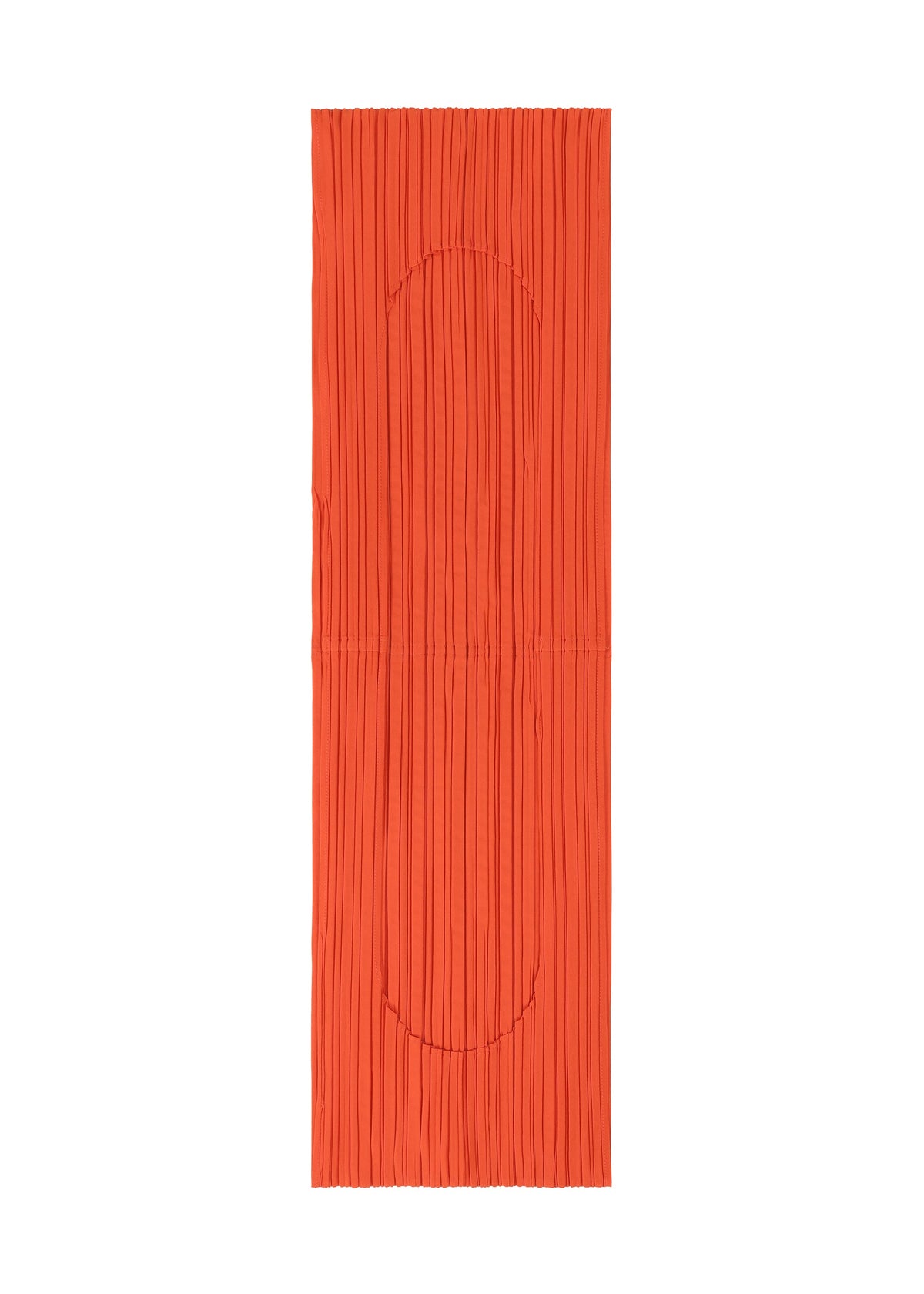 The PLEATS BRIDGE BAG by PLEATS PLEASE ISSEY MIYAKE features rectangular orange pleated fabric, vertical folds, and curved stitch lines forming two semi-circles, making it a stylish and distinctive tote bag. view 5 of 6