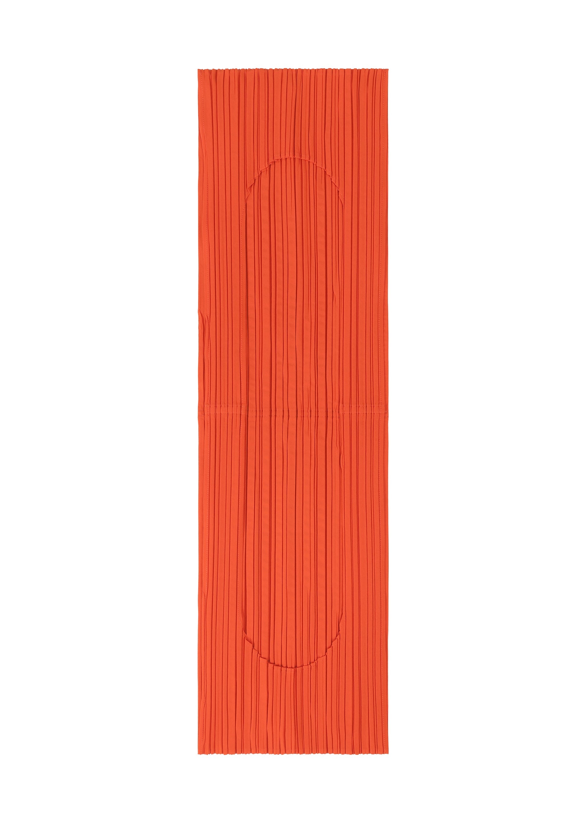 Zoomed view The PLEATS BRIDGE BAG by PLEATS PLEASE ISSEY MIYAKE features rectangular orange pleated fabric, vertical folds, and curved stitch lines forming two semi-circles, making it a stylish and distinctive tote bag.