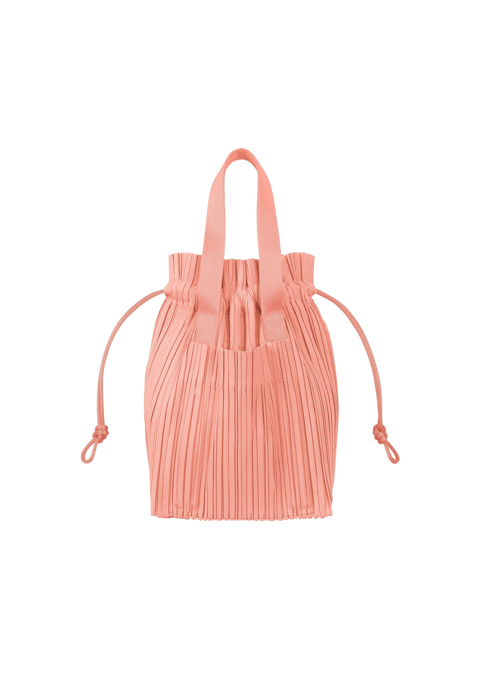 Zoomed view The PLEATS PLEASE ISSEY MIYAKE PLEATS TOTE BAG is a small pink pleated drawstring shoulder bag with two short handles, side drawstrings, and a bottom insert, shown against a plain white background. - PINK （no.22）