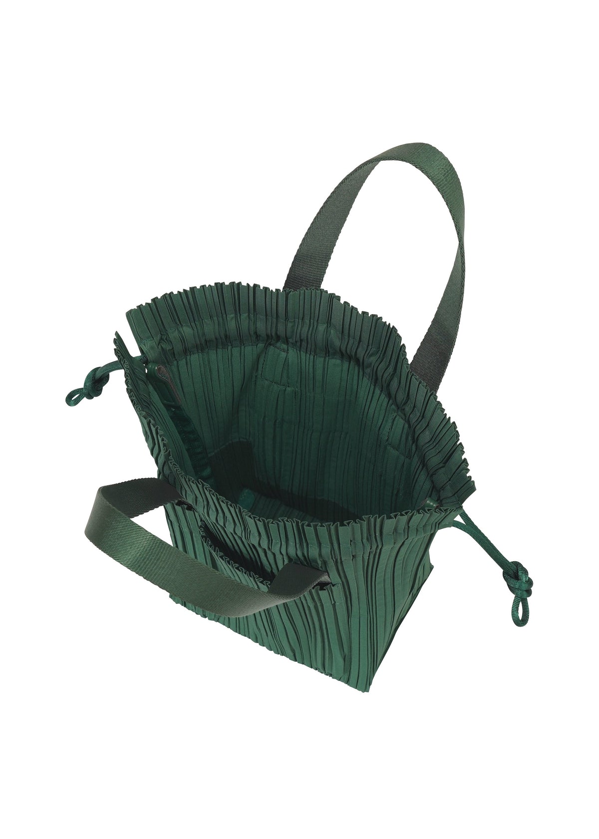 The PLEATS PLEASE ISSEY MIYAKE PLEATS TOTE BAG is shown open on a white background, displaying its green textured pleated exterior, two handles, drawstring closure, adjustable strap, and visible interior. view 5 of 7