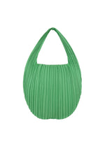 The PLEATS SEEDS BAG by PLEATS PLEASE ISSEY MIYAKE is a green hobo-style handbag with pleats, a curved gusset shape, and a single wide strap.