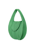 The PLEATS SEEDS BAG by PLEATS PLEASE ISSEY MIYAKE is a small, bright green pleated handbag with a rounded gusset, matching handle, and flap closure. Its modern sculptural design stands out against a plain white background.