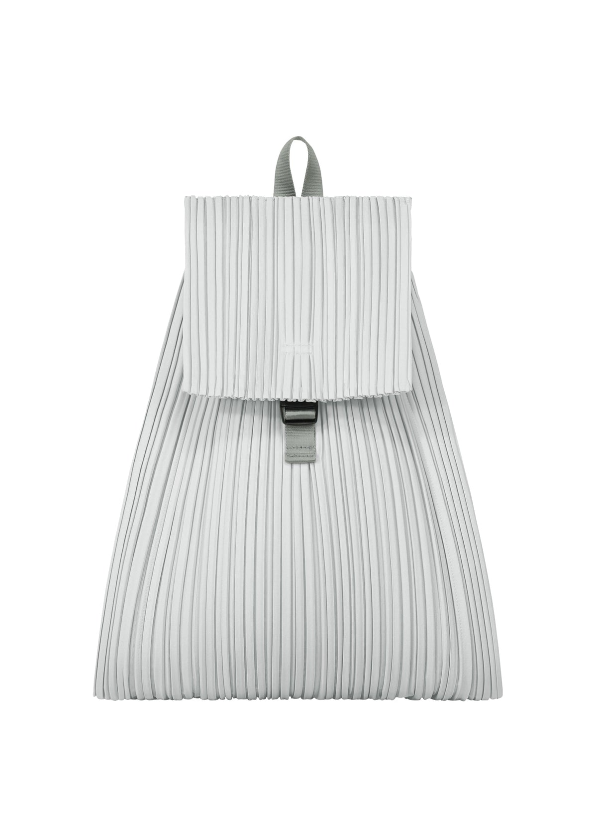 The PLEATS KNAPSACK by PLEATS PLEASE ISSEY MIYAKE is a light gray expandable bag with a rectangular flap, vertical pleats, top handle, metal clasp closure, and practical everyday design. view 1 of 7